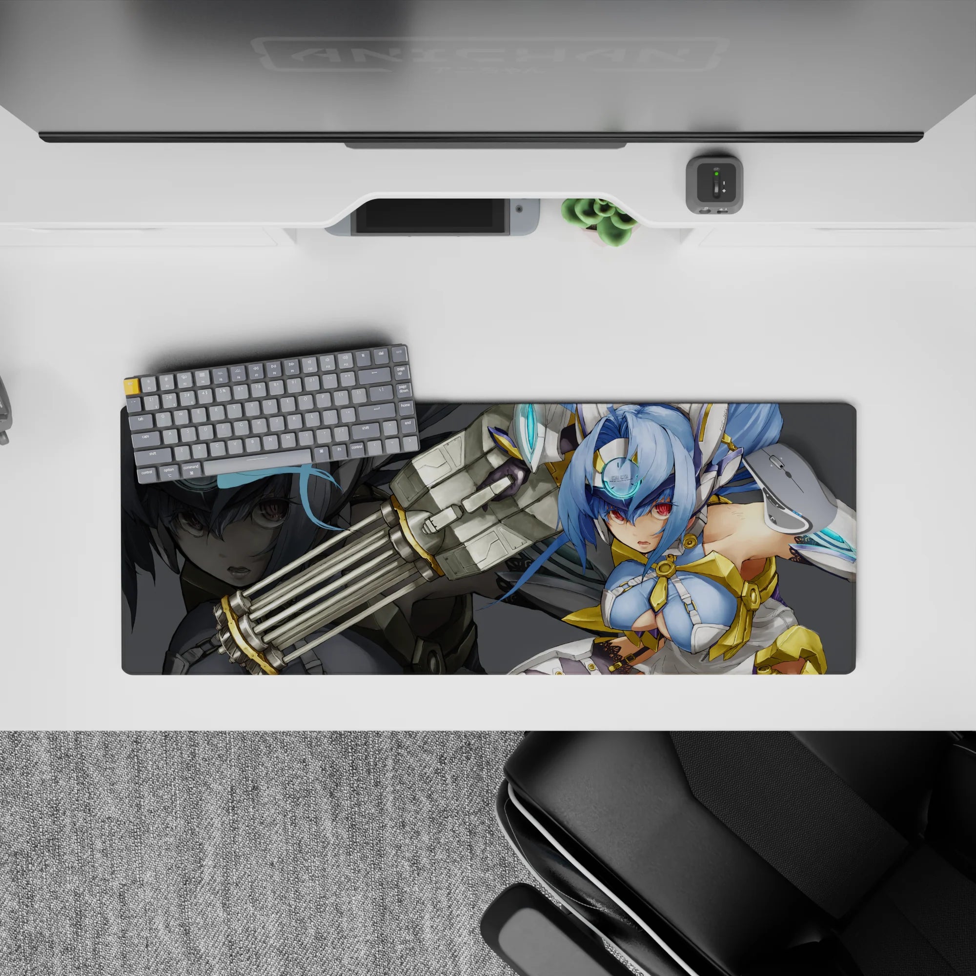32x12 inches anime girl mouse pad in icy blues and smoky greys, red-eyed, glossy, edgy sci-fi mood.