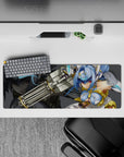 32x12 inches anime girl mouse pad in icy blues and smoky greys, red-eyed, glossy, edgy sci-fi mood.