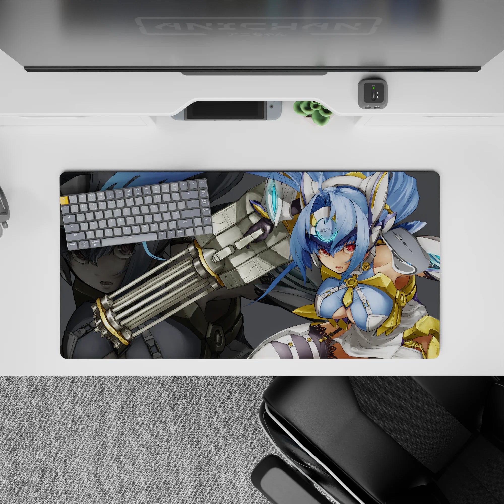 Moody grey anime desk mat 32x16 inches in icy blues and gold, glossy highlights, dangerous vibe.