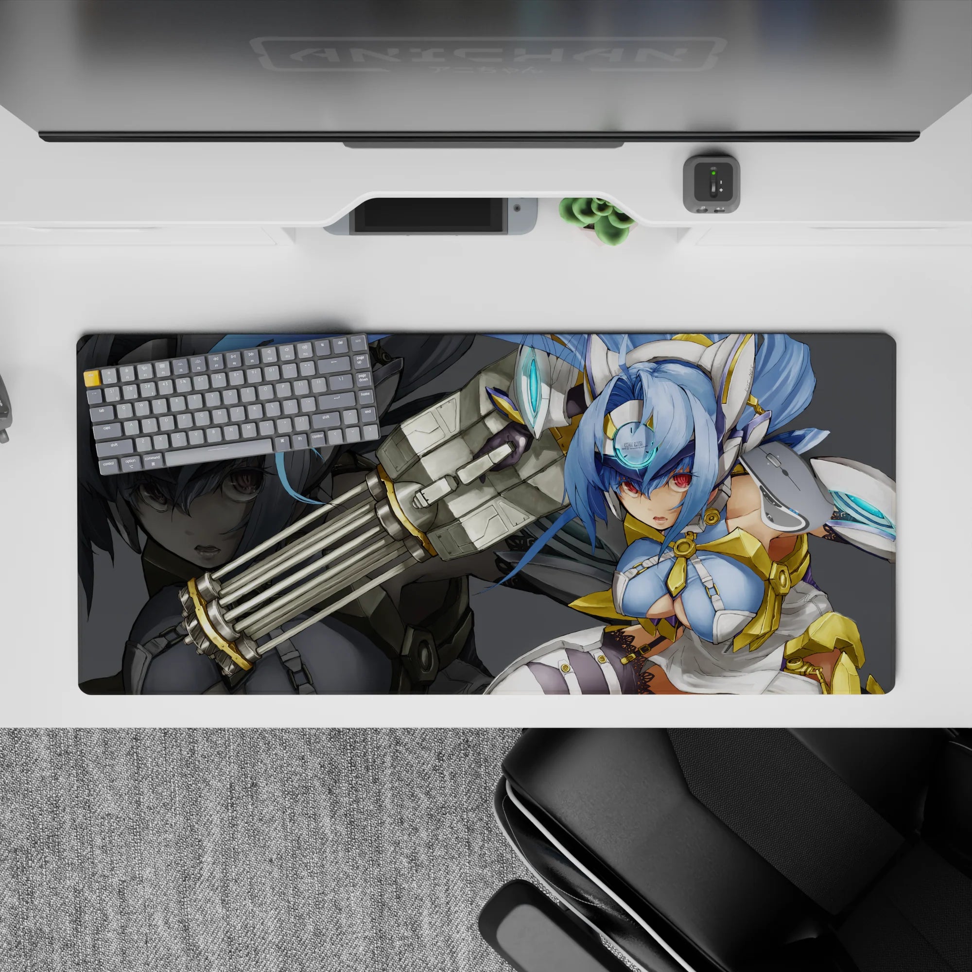 36x16 inches anime desk pad in icy blue, red-eyed cyber mood with smoky greys and glossy highlights.