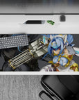 36x16 inches anime desk pad in icy blue, red-eyed cyber mood with smoky greys and glossy highlights.
