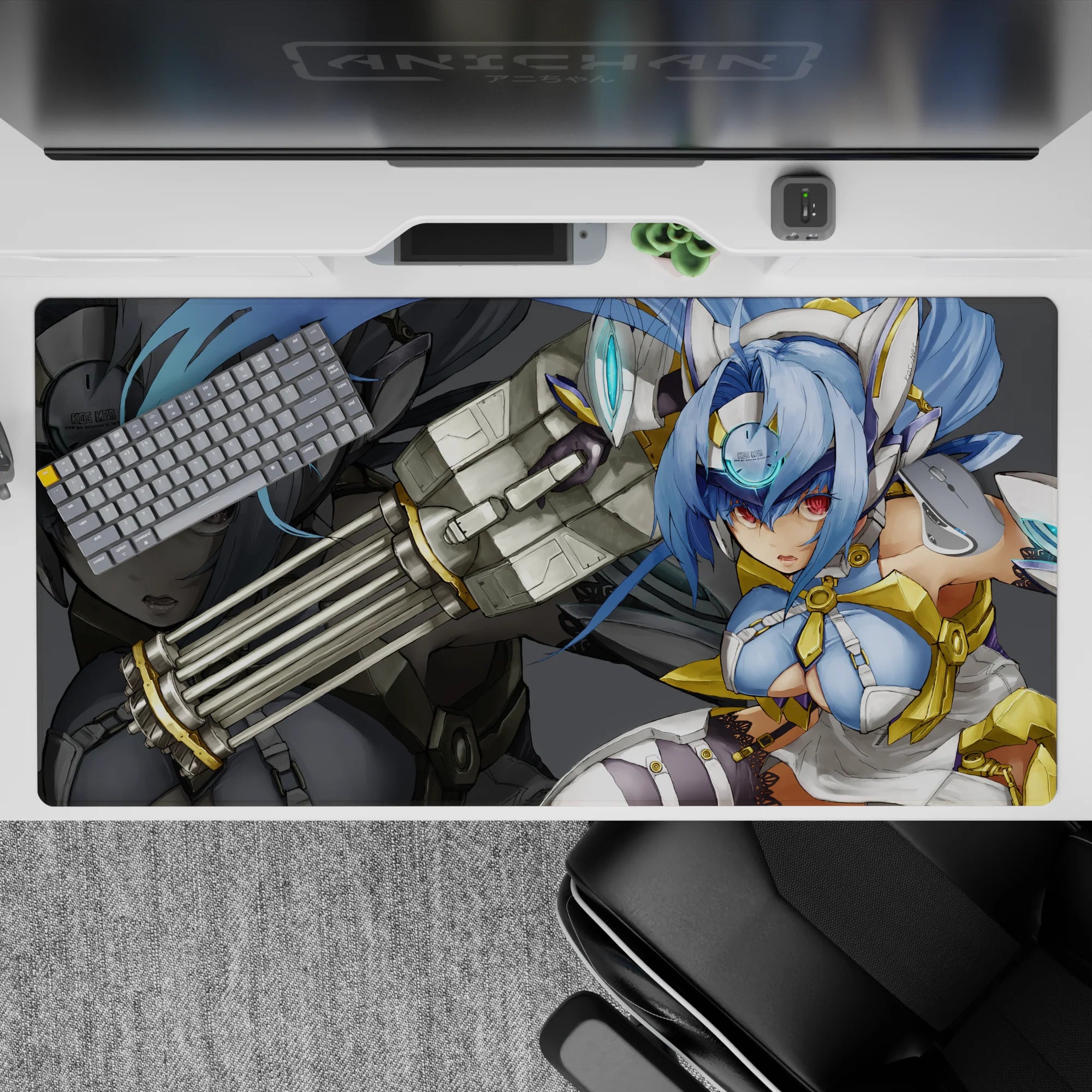 40x20 inches anime desk pad in icy blues and smoky greys, red-eyed heroine with glossy highlights.