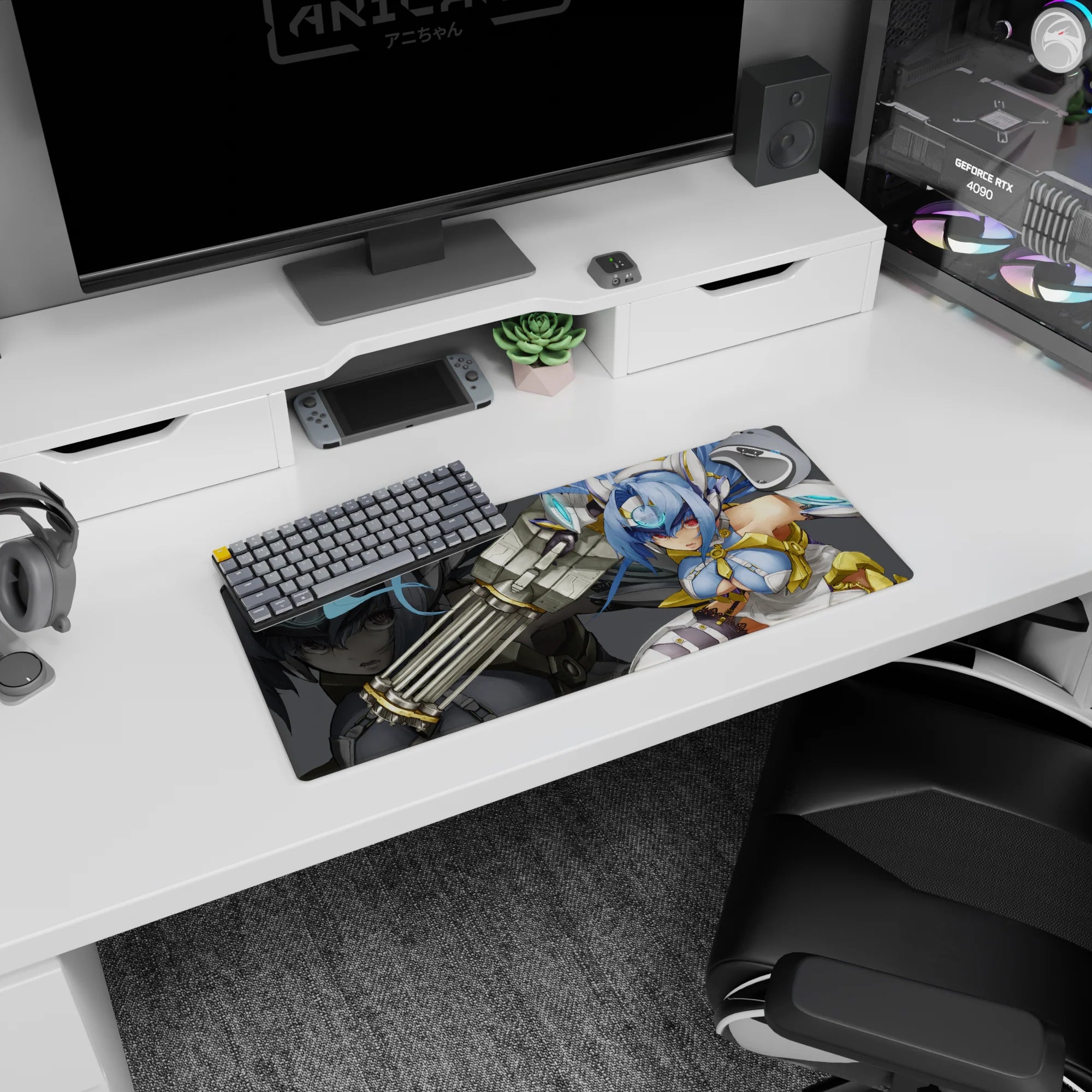Armored blue-haired anime heroine with oversized cannon on mouse pad 28x12 inches, dramatic backdrop.