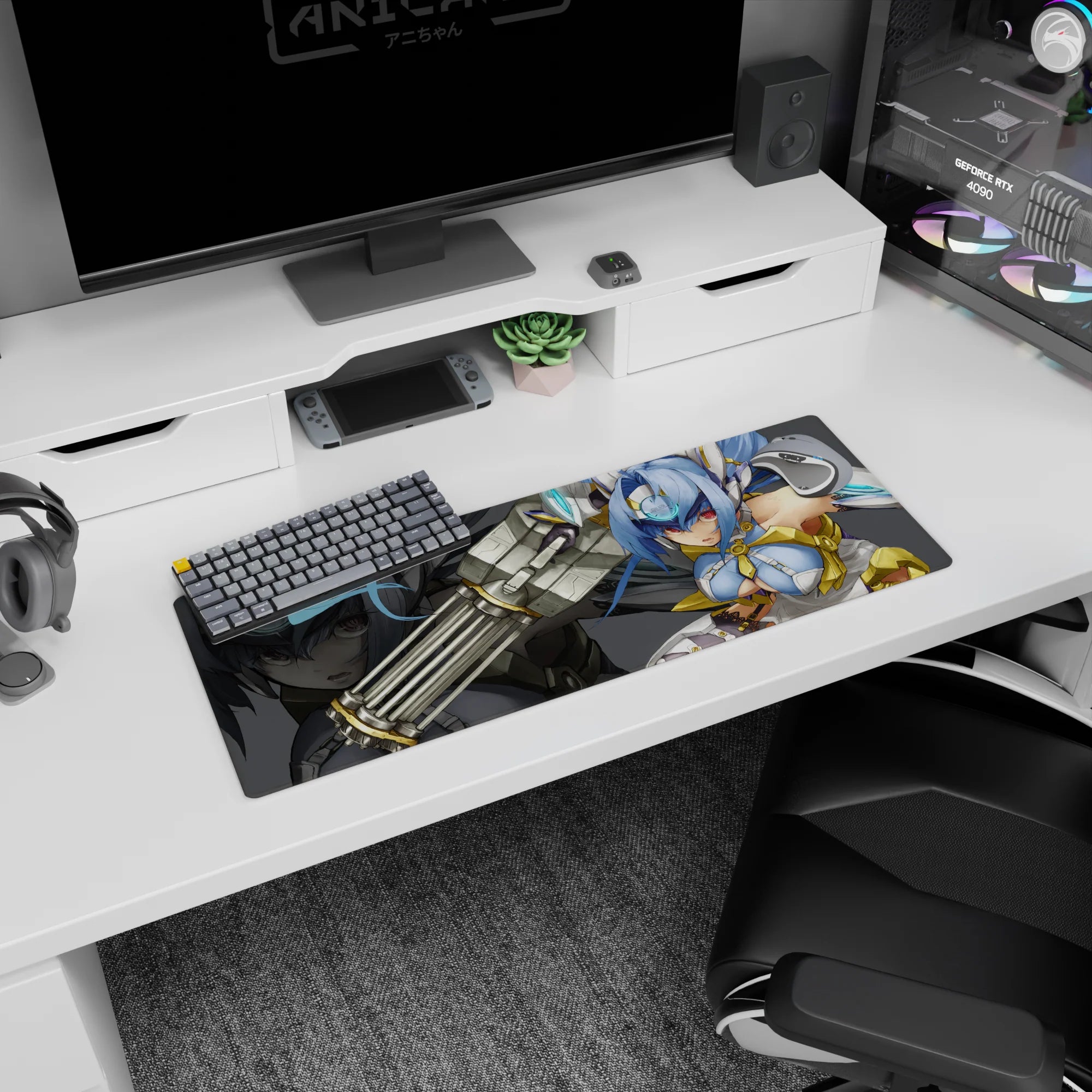 32x12 inches anime girl mouse pad featuring blue-haired red-eyed armored heroine with a huge cannon backdrop.
