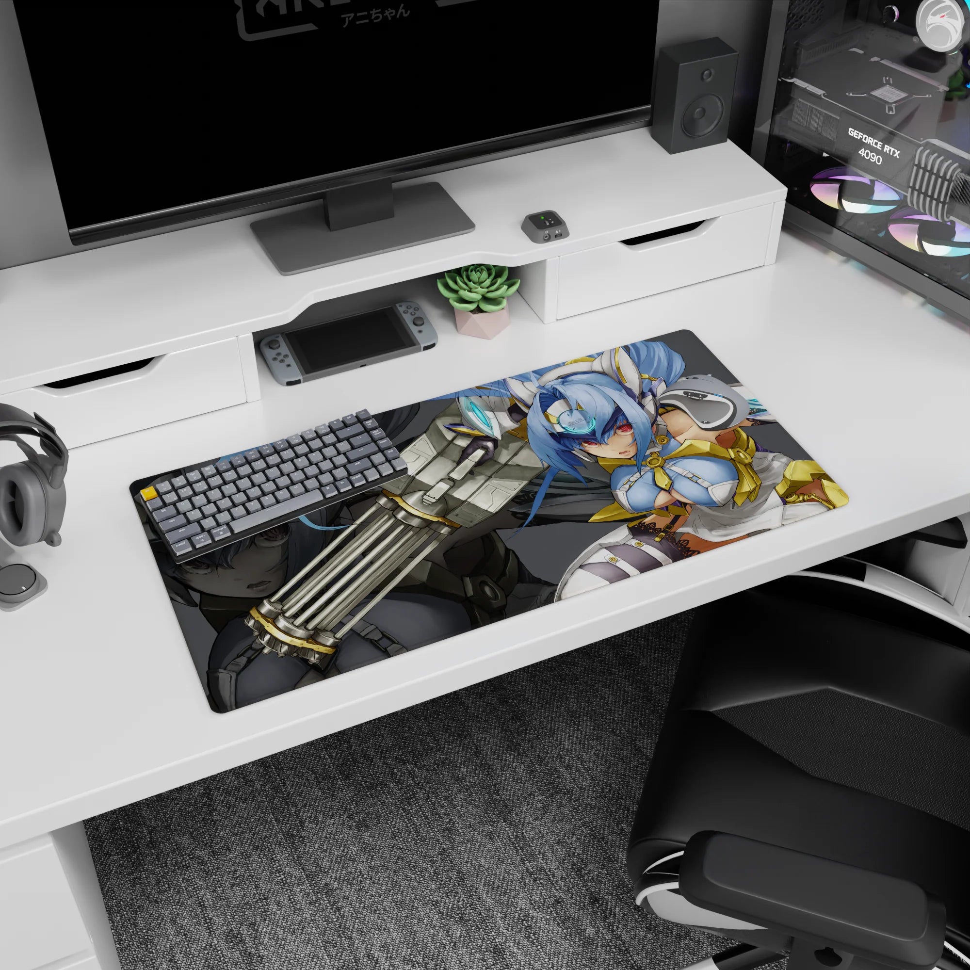 Anime heroine desk pad 32x16 inches featuring blue-haired red-eyed girl in armor with oversized cannon.