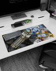 Anime heroine desk pad 32x16 inches featuring blue-haired red-eyed girl in armor with oversized cannon.
