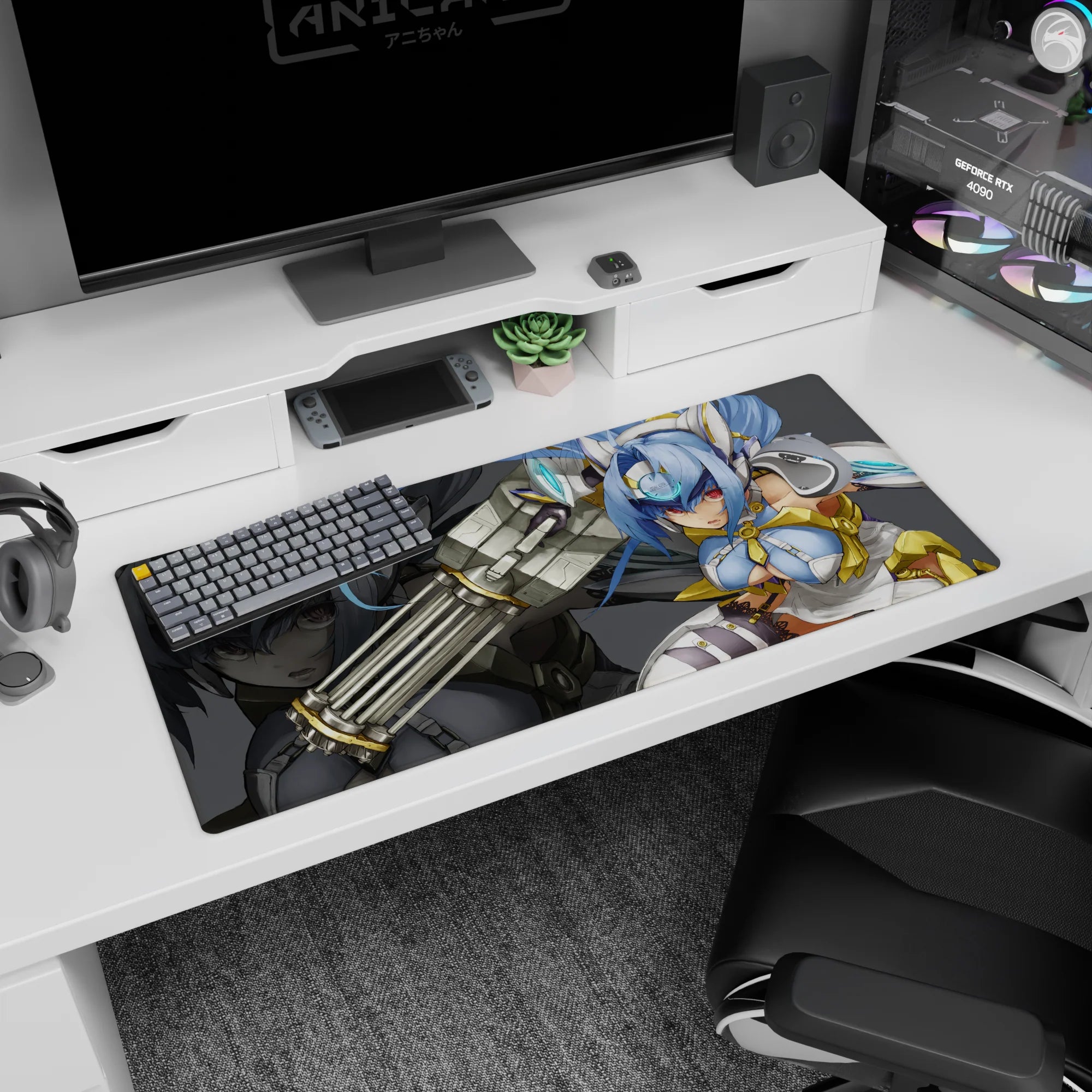 36x16 inches desk pad featuring blue-haired anime warrior aiming a giant cannon, with shadowy backdrop.