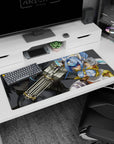 36x16 inches desk pad featuring blue-haired anime warrior aiming a giant cannon, with shadowy backdrop.