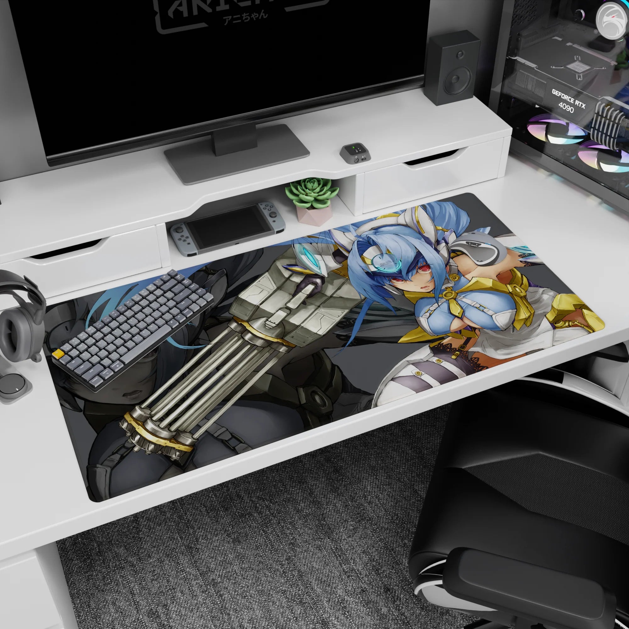 40x20 inches anime girl desk pad featuring red-eyed blue-haired warrior aiming an oversized cannon.
