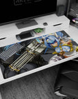40x20 inches anime girl desk pad featuring red-eyed blue-haired warrior aiming an oversized cannon.