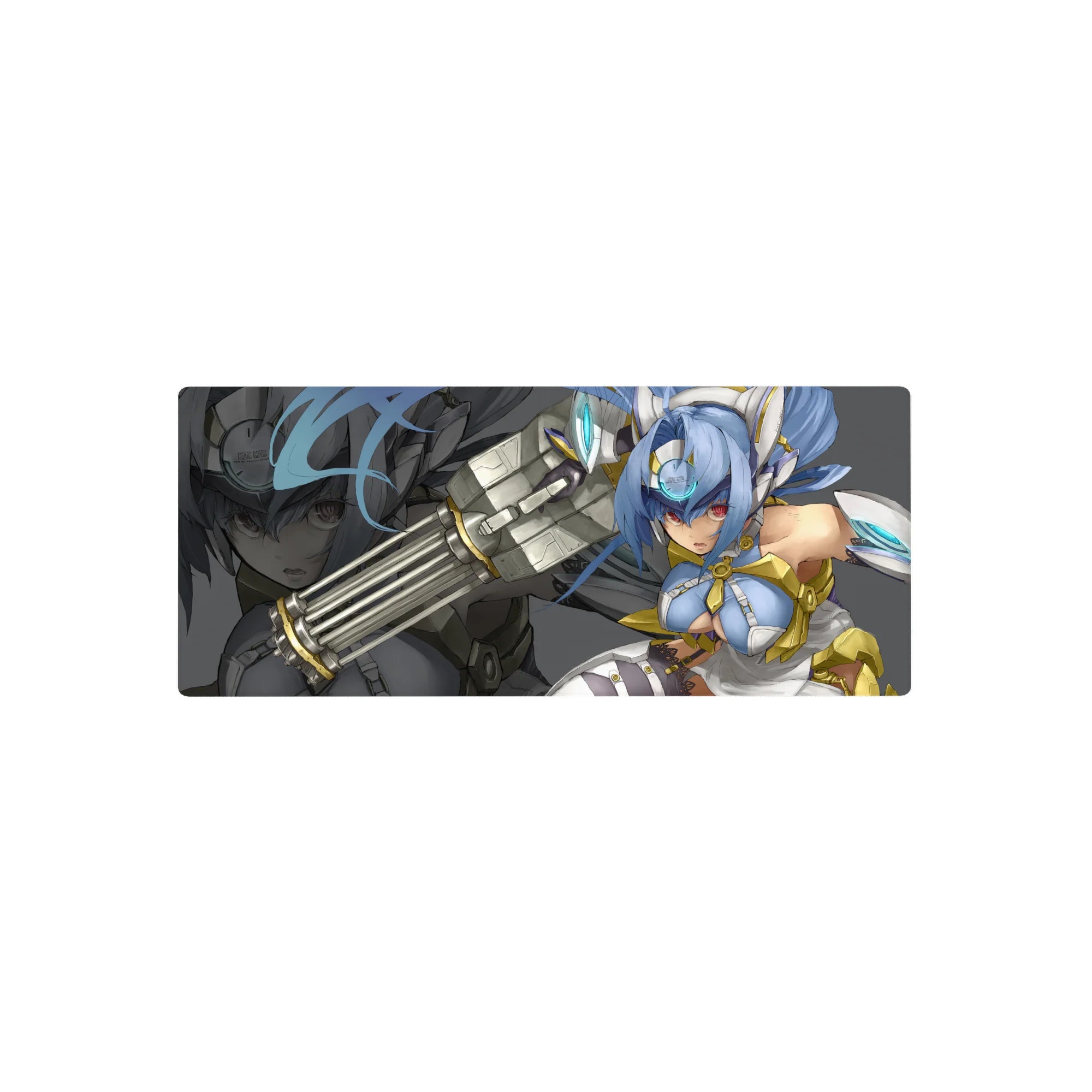 Sci-fi anime girl mouse pad 28x12 inches with icy blue hair, red eyes, and white-gold armor.