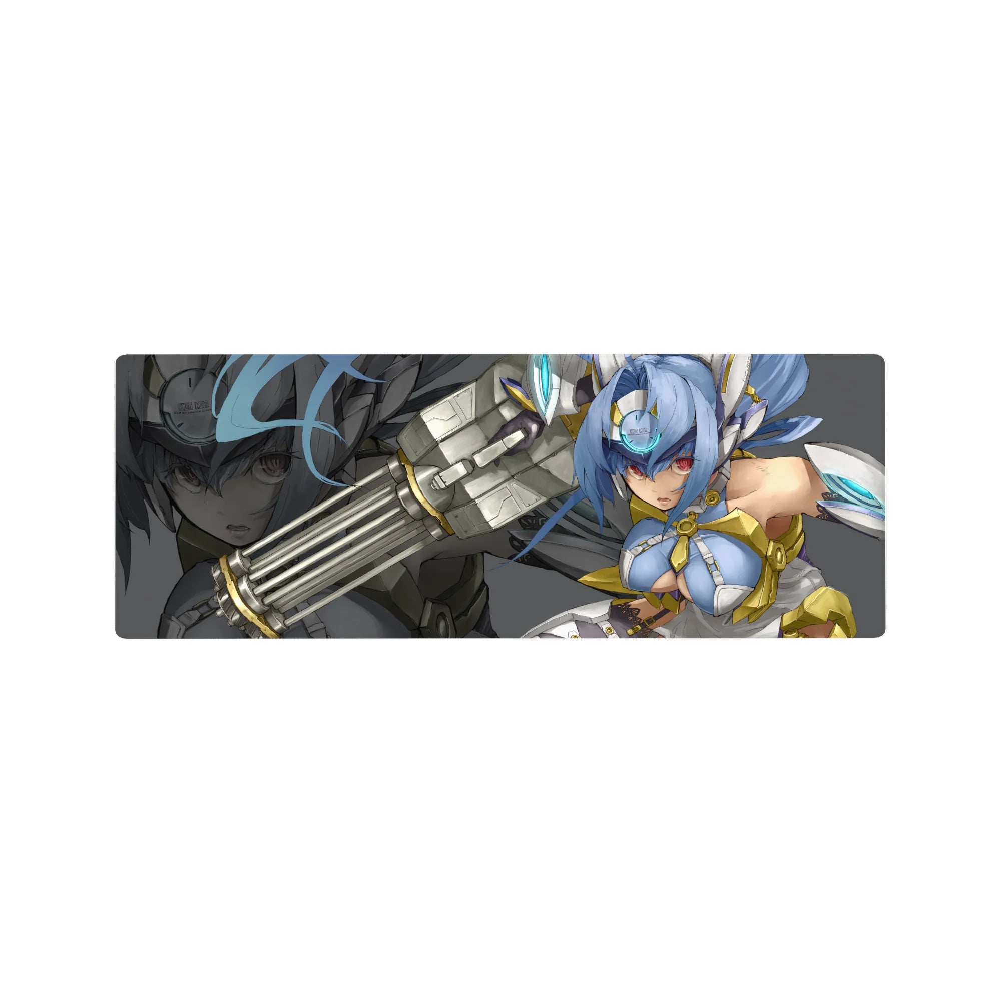 32x12 inches anime girl mouse pad with sci-fi heroine in white-gold armor and oversized cannon.