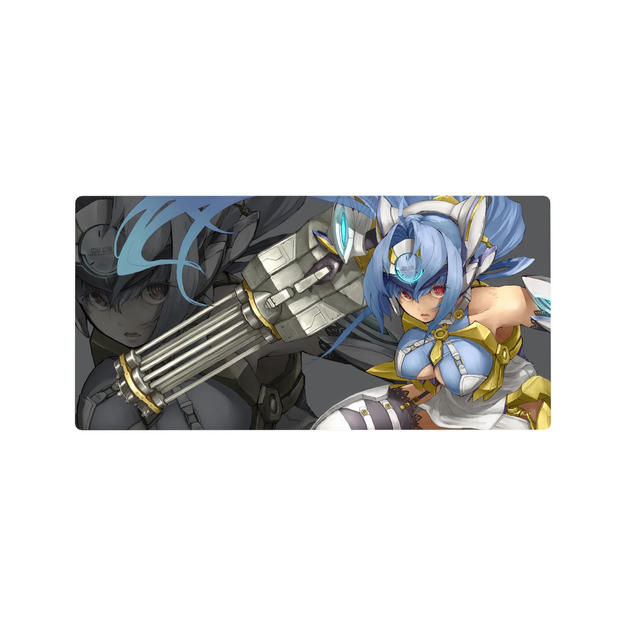 Sci-fi anime girl mouse pad 32x16 inches with icy blue hair, red eyes, and white-gold armor.