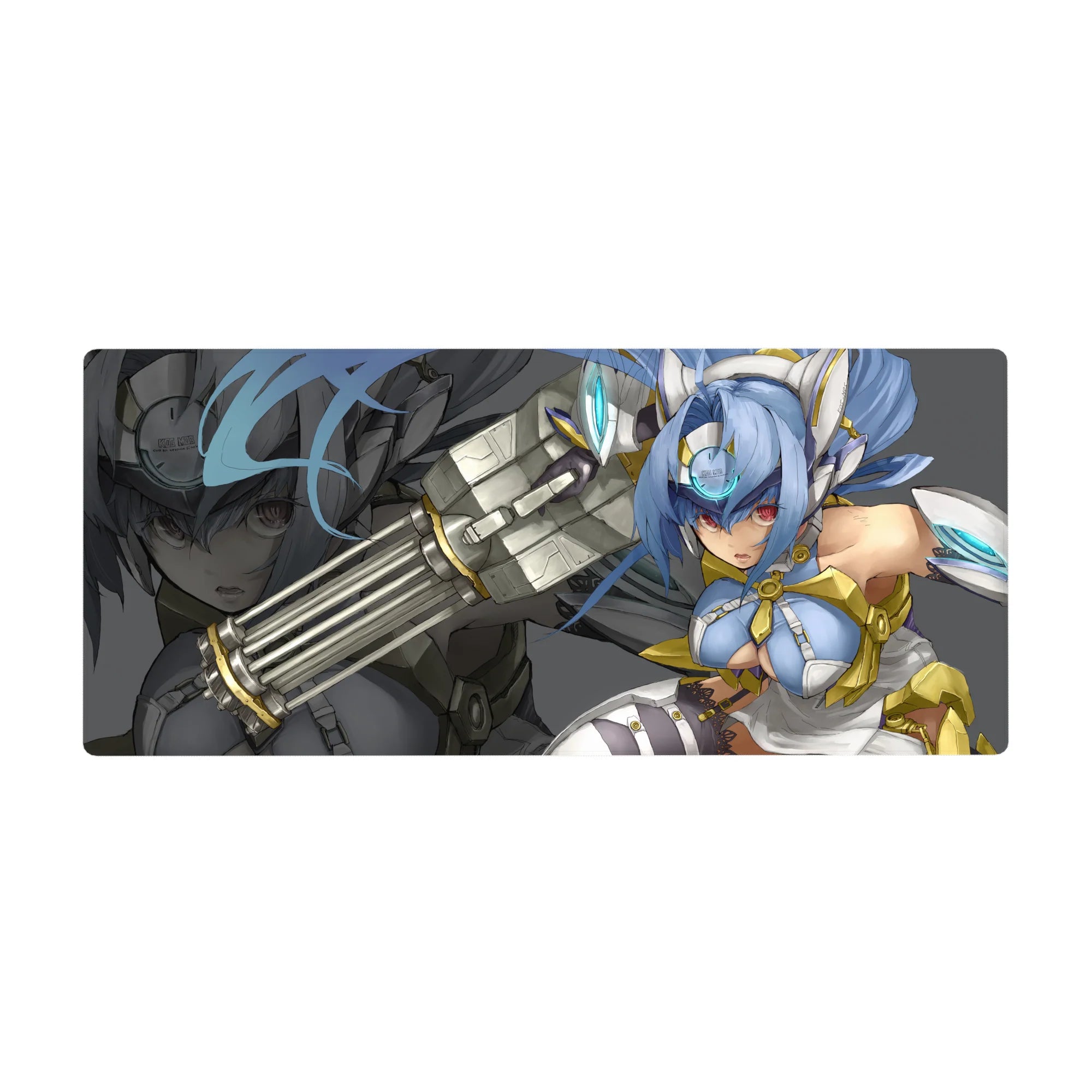 36x16 inches anime girl desk pad with sci-fi heroine in white-gold armor and oversized cannon art.
