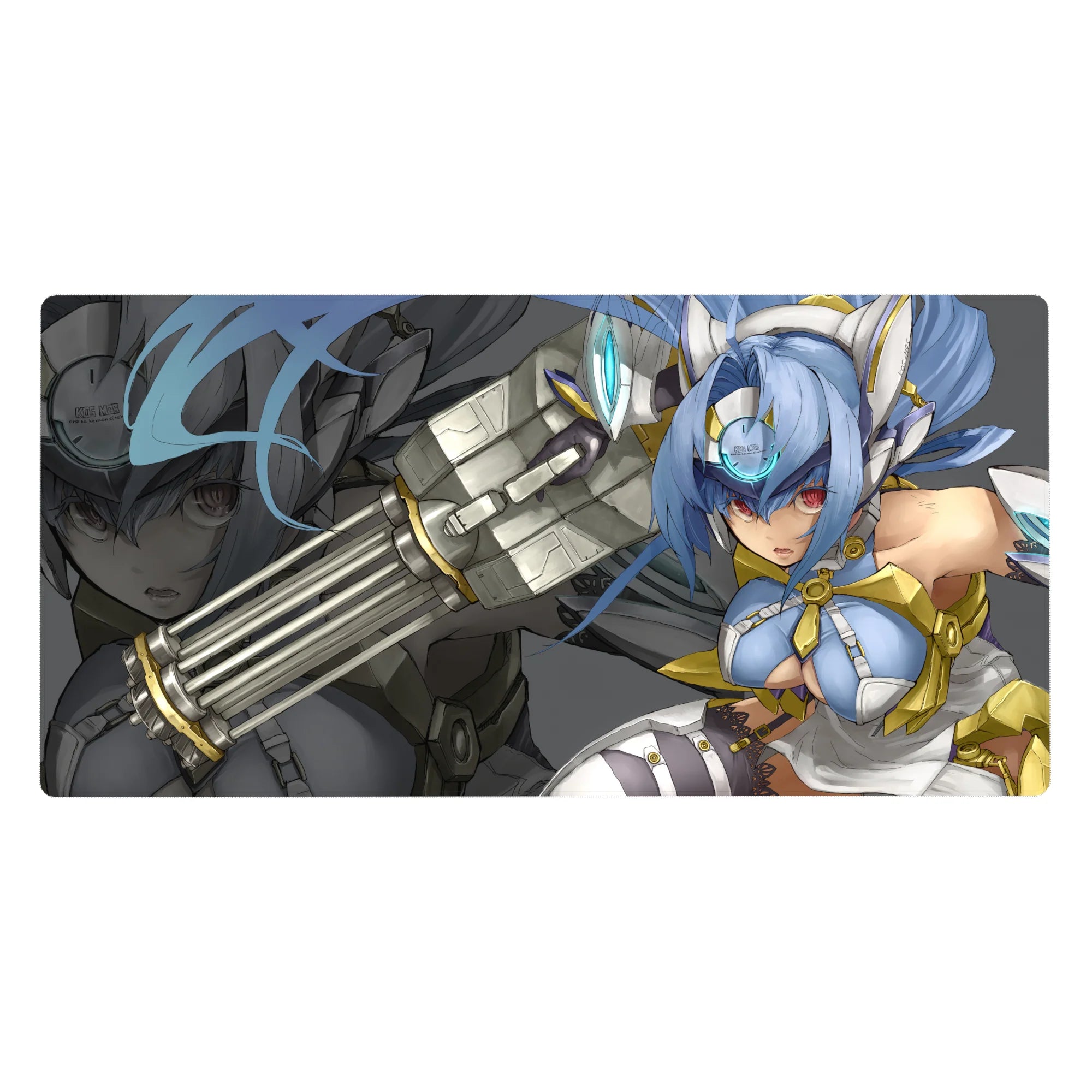40x20 inches anime girl desk pad with blue-haired sci-fi heroine in white-gold armor and cannon.