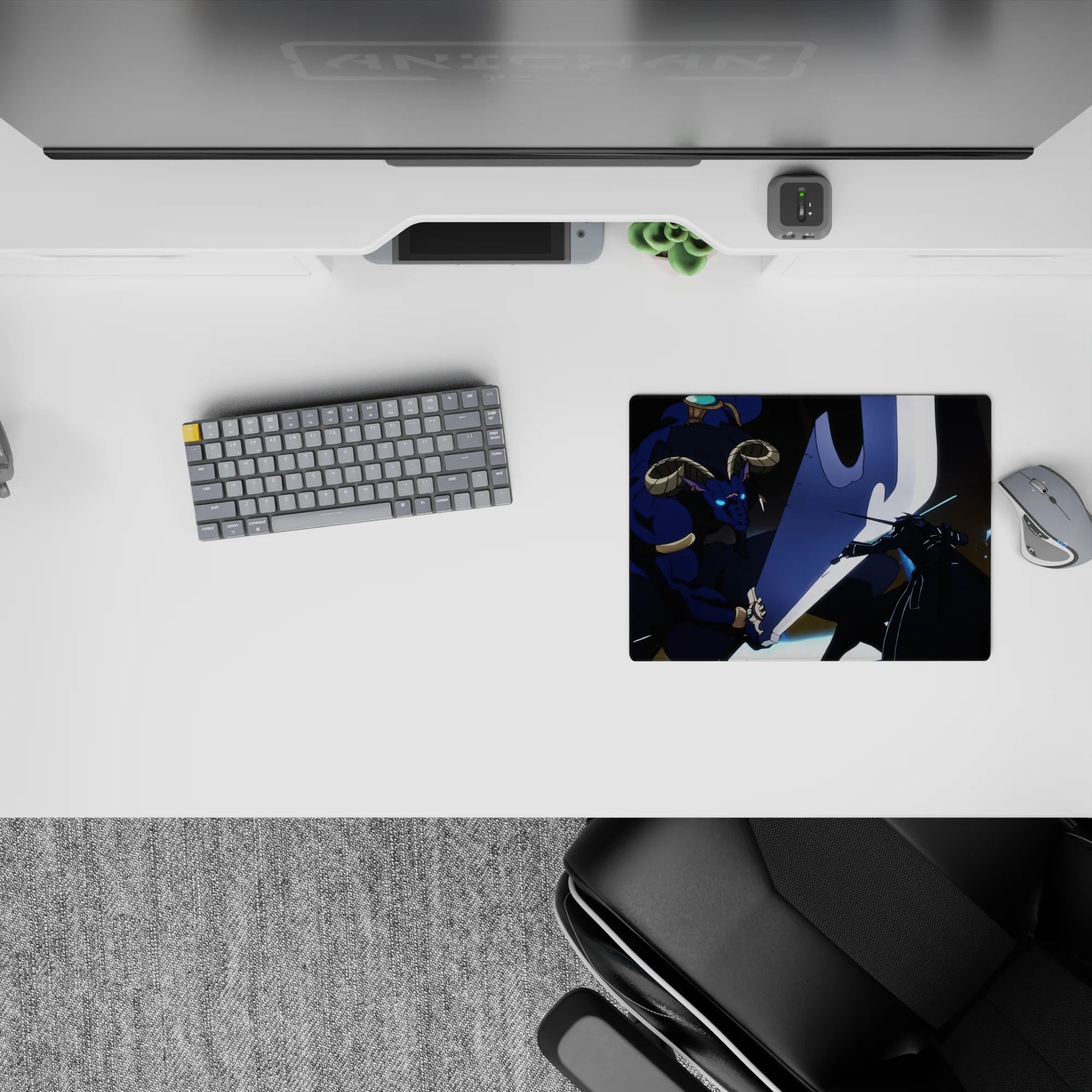 Kirito battles Minotaur boss in Sword Art Online mouse pad, 14x10 inches, vivid blues and blacks, intense anime scene.