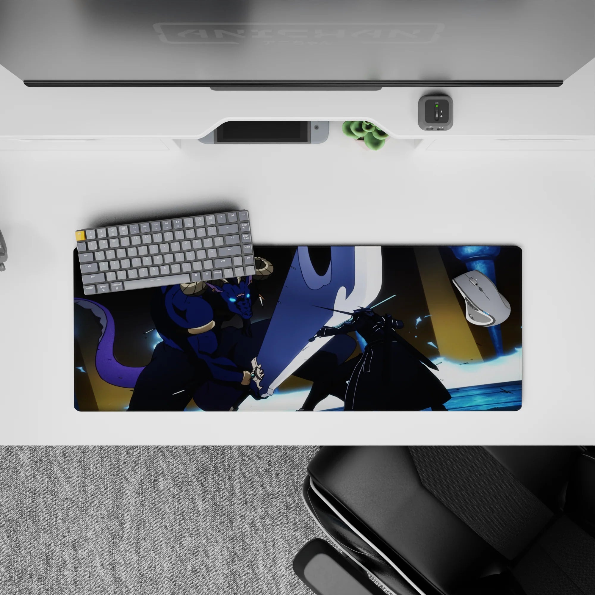 Mouse pad 32x12 inches featuring Kirito battling the Minotaur boss with glowing swords, vivid blue flames, and dynamic energy.