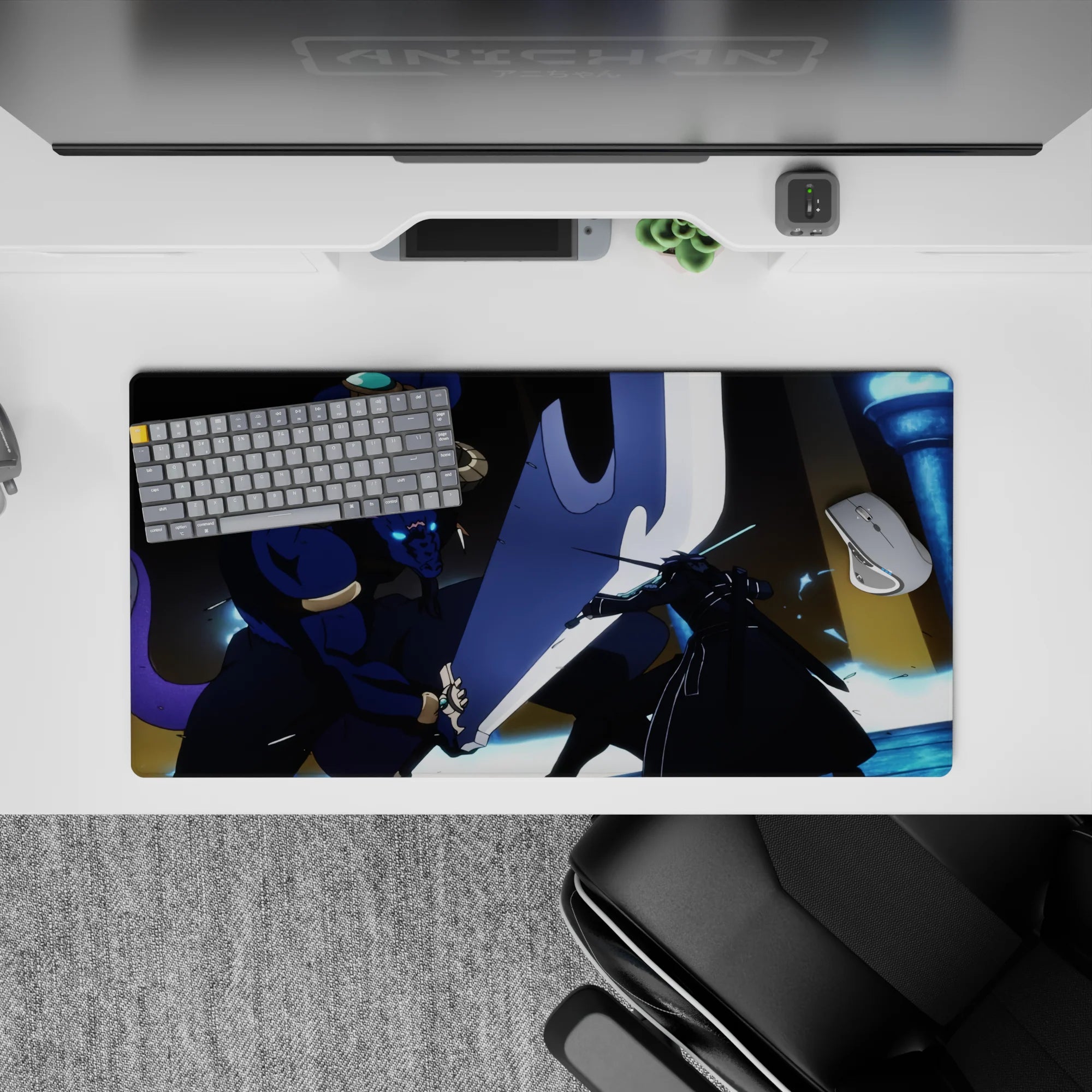 Anime mouse pad 32x16 inches depicting Kirito battling Minotaur boss with blue flames and glowing swords for gaming.