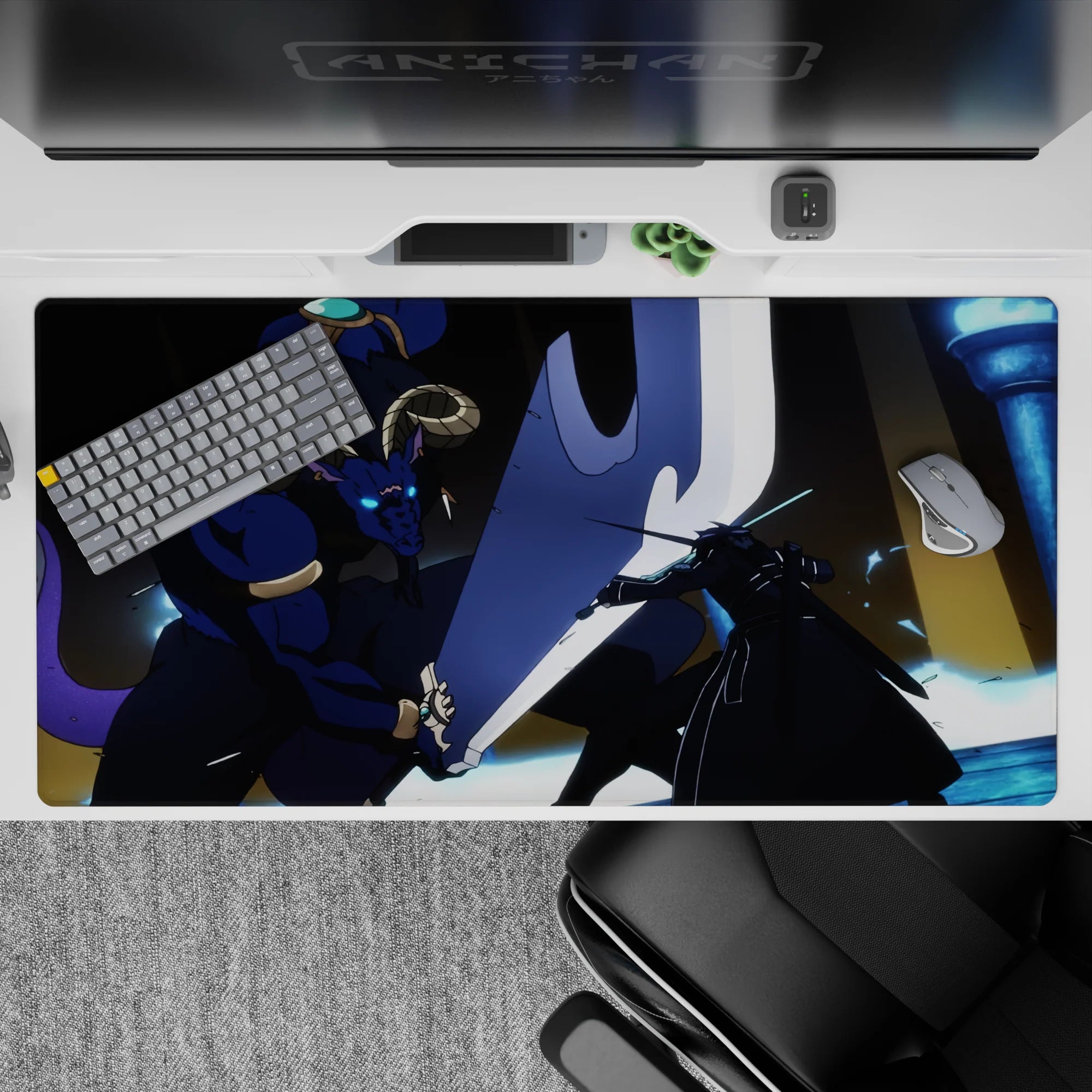 Anime desk pad 40x20 inches featuring Kirito versus Minotaur boss from Sword Art Online, in vivid blues and blacks.
