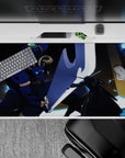 Anime desk pad 40x20 inches featuring Kirito versus Minotaur boss from Sword Art Online, in vivid blues and blacks.