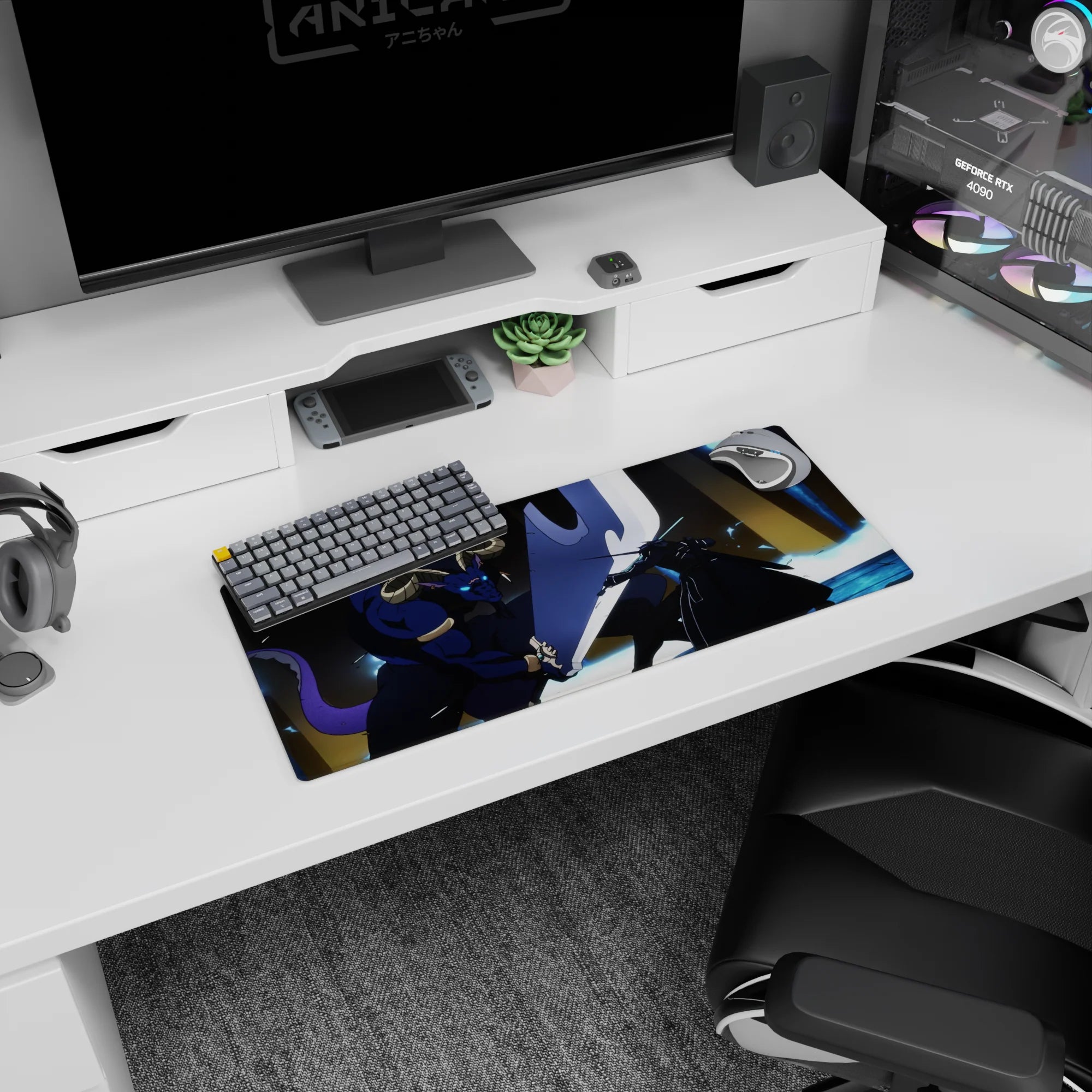 Anime mouse pad 28x12 inches featuring Kirito battling Minotaur boss with blue flames and glowing swords from Sword Art Online.