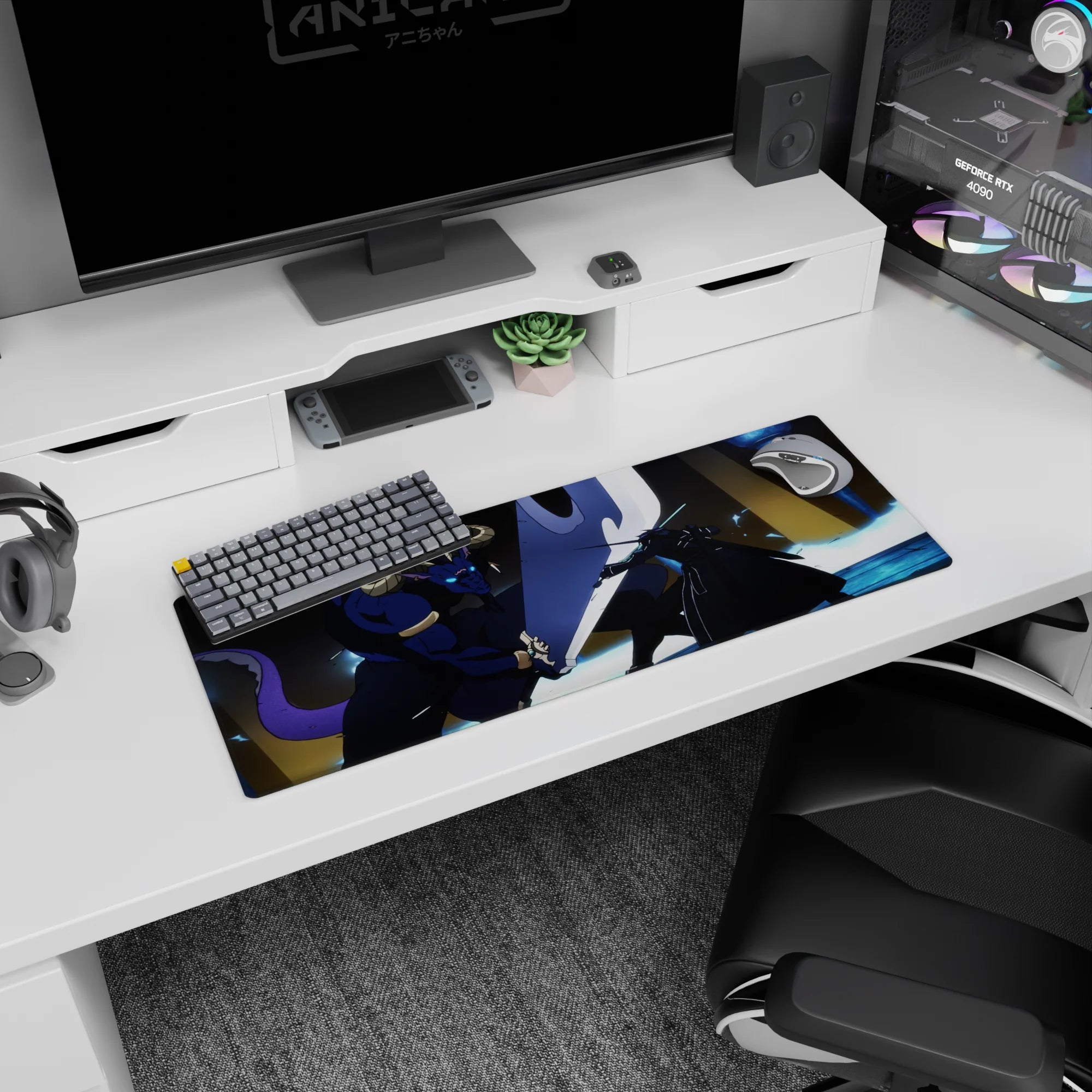Kirito battles Minotaur boss on 32x12 inch anime mouse pad, blue flames and glowing swords create intense, vivid energy.