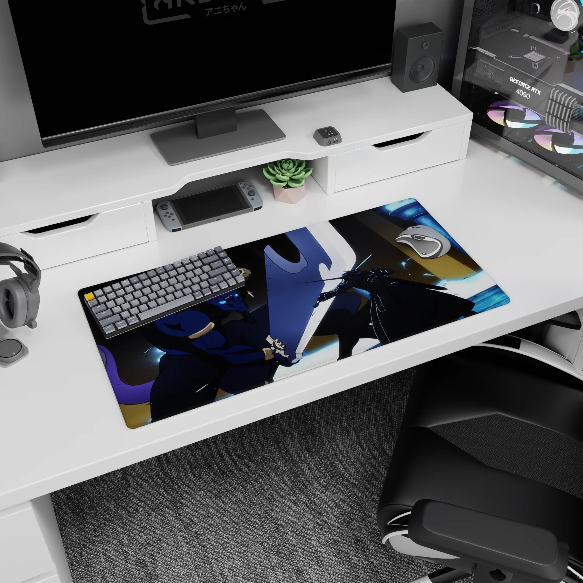 Anime mouse pad 32x16 inches featuring Kirito's battle with Minotaur boss, showcasing blue flames and glowing swords.