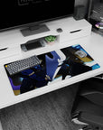 Anime mouse pad 32x16 inches featuring Kirito's battle with Minotaur boss, showcasing blue flames and glowing swords.