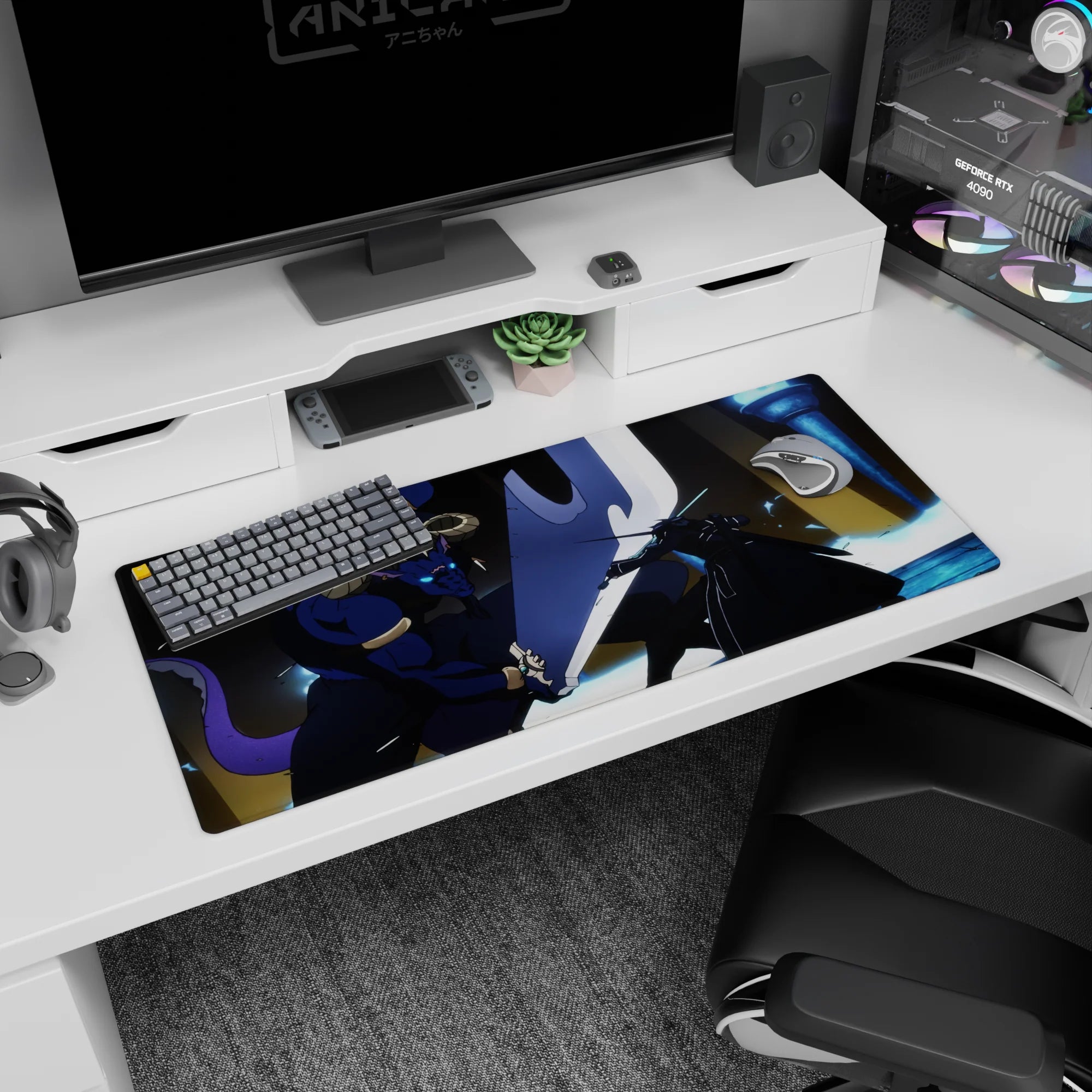 Anime desk pad 36x16 inches featuring Kirito battling a Minotaur boss with glowing swords and blue flames from Sword Art Online.