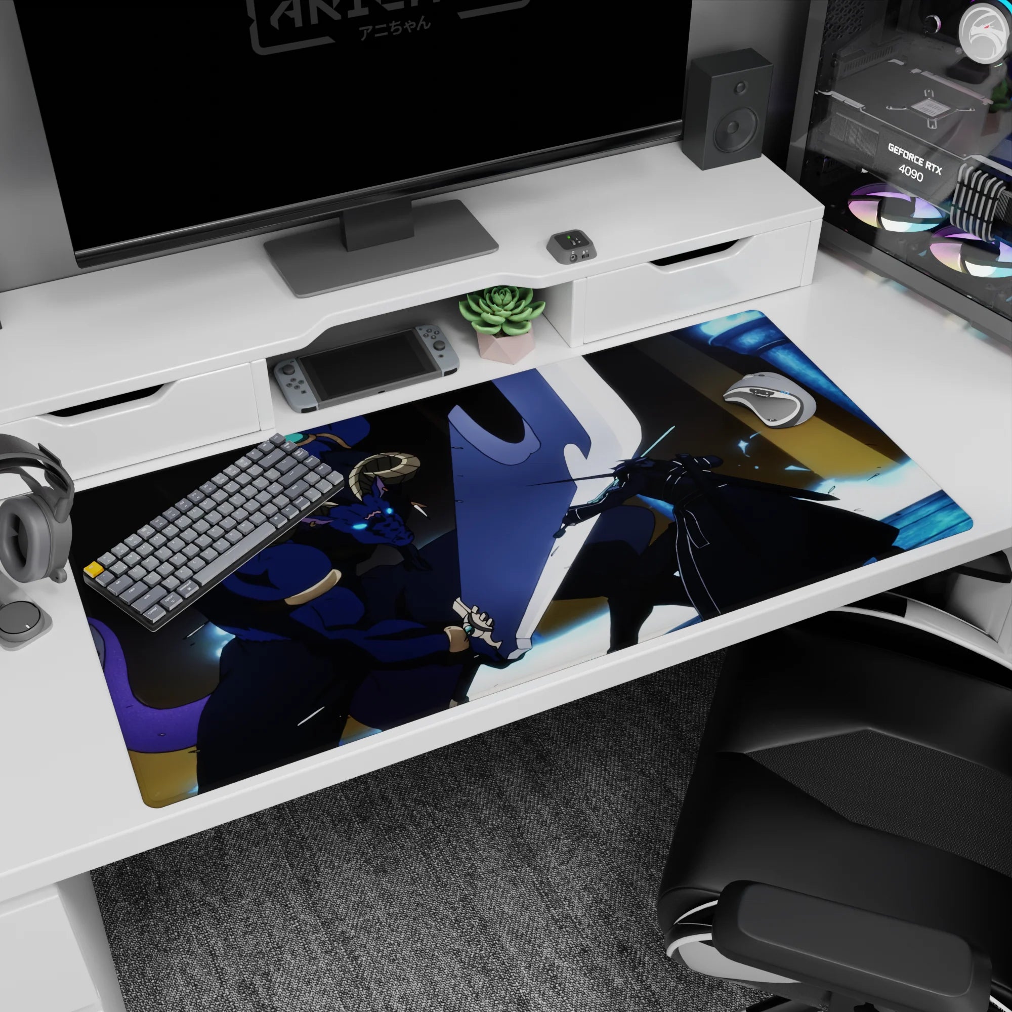 Anime mouse pad 40x20 inches featuring Kirito battling Minotaur boss with glowing swords, deep indigos, and electric blues.