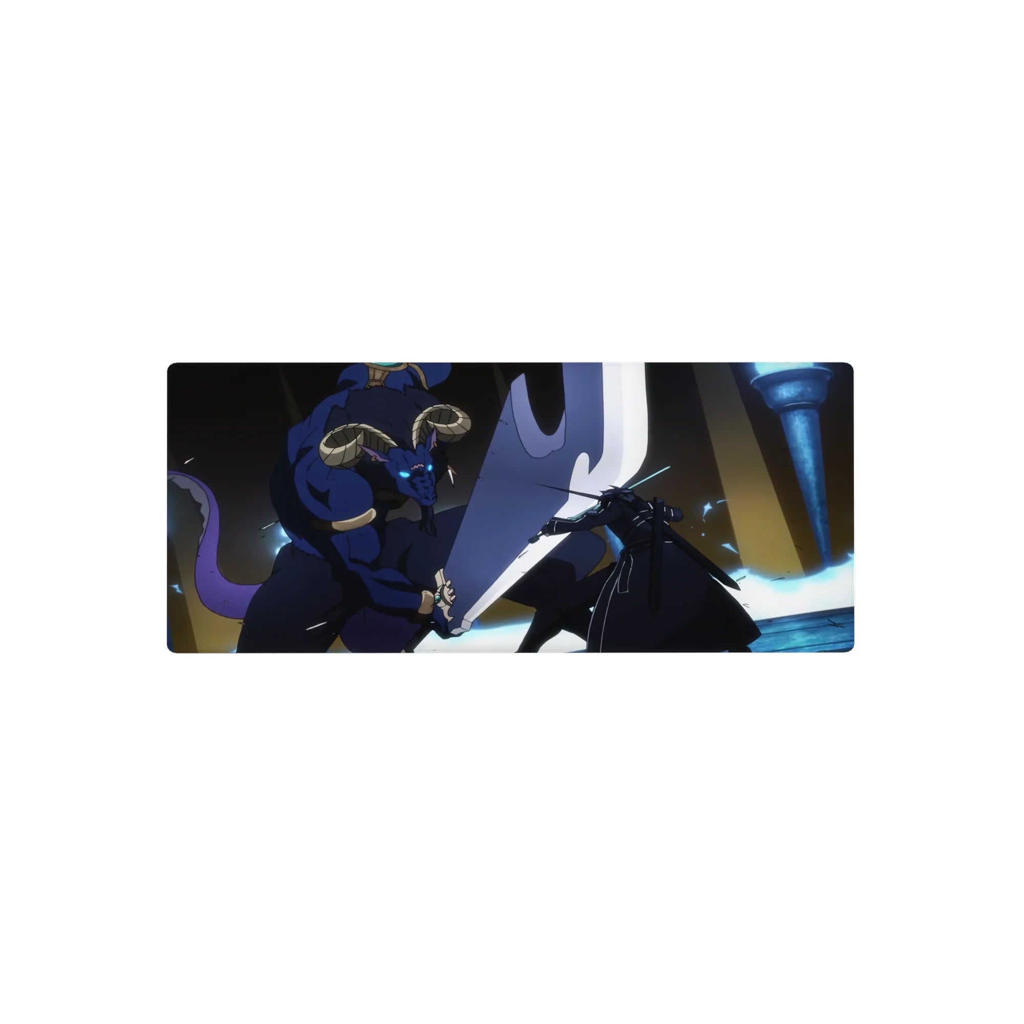 Kirito vs Minotaur anime mouse pad, 28x12 inches. Blue flames and glowing swords depict intense battle scene in vivid colors.