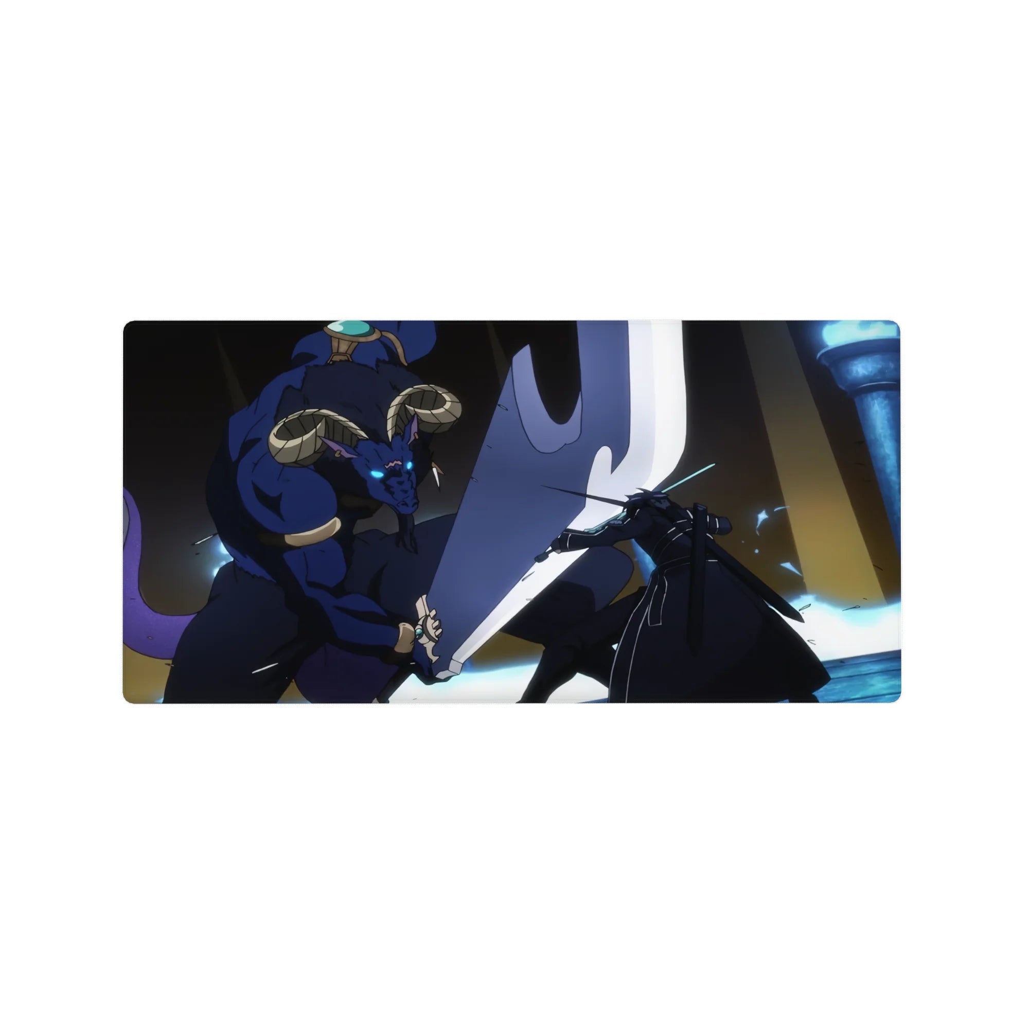 Anime mouse pad 32x16 inches featuring Kirito's battle with Minotaur boss, detailed with blue flames and glowing swords.