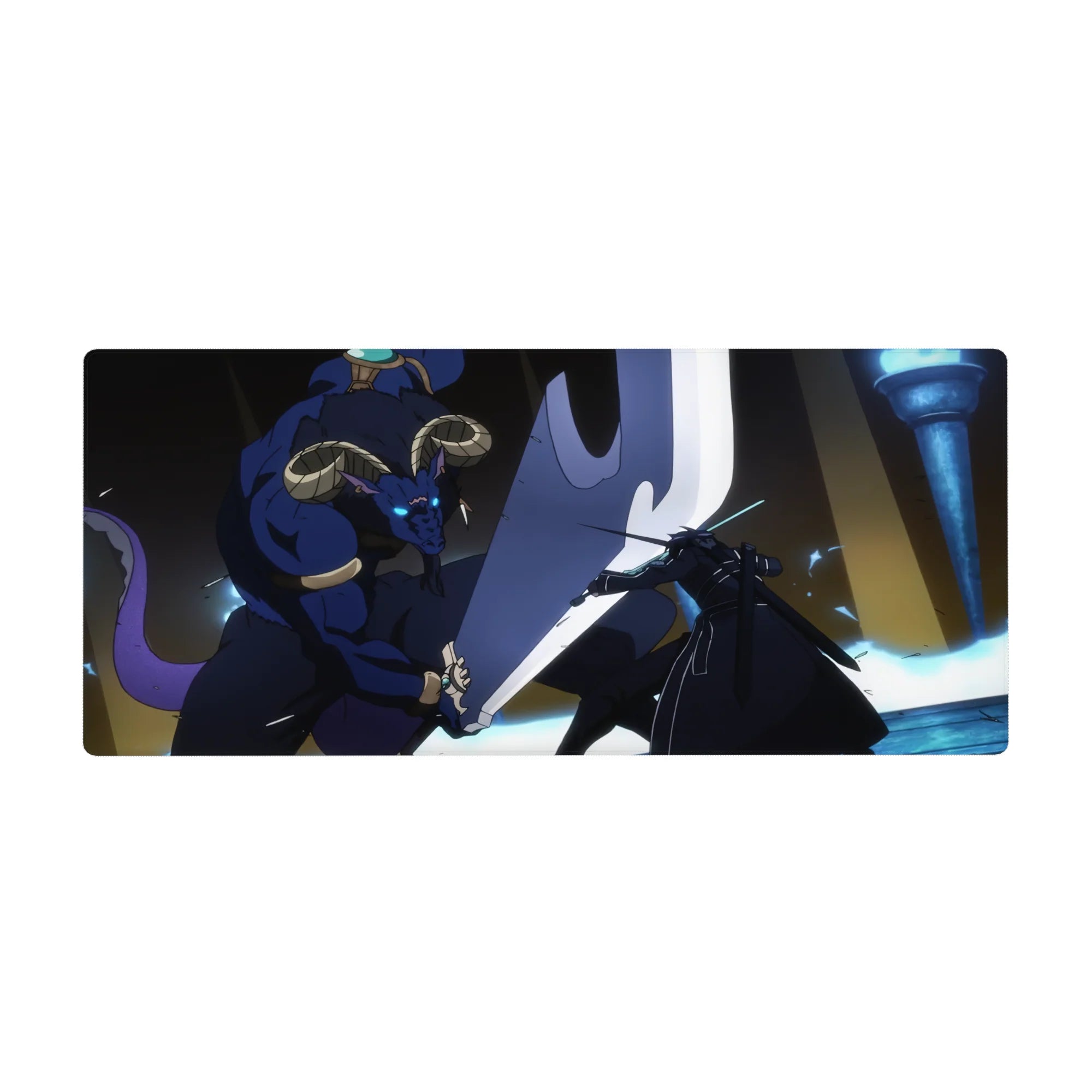 Anime mouse pad 36x16 inches featuring Kirito vs Minotaur boss scene from Sword Art Online, with blue flames and glowing swords.