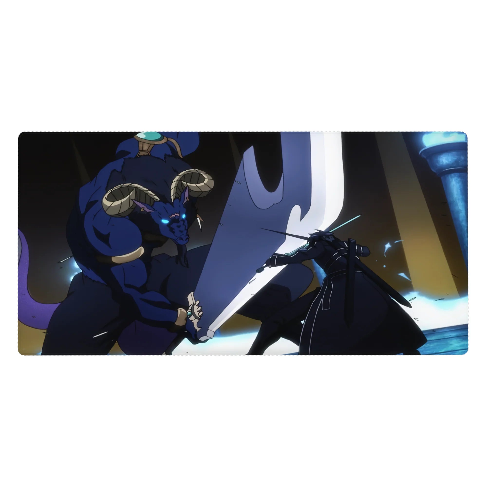 Desk pad 40x20 inches featuring Kirito battling Minotaur boss from Sword Art Online, vibrant blue flames and swords.