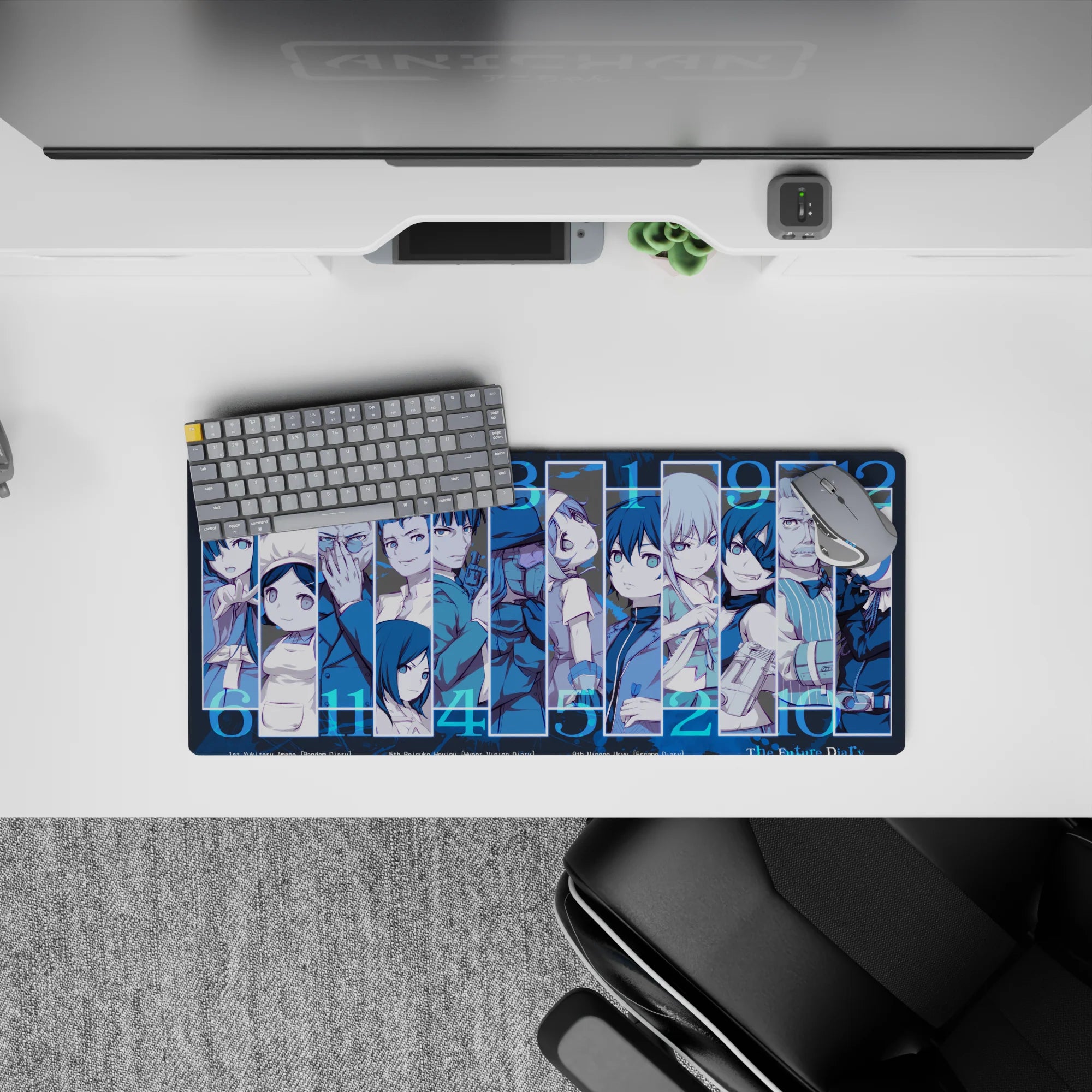 Cool icy blue anime mouse pad 28x12 inches with crisp contrast and a tense, moody character wall.