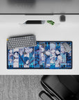 Cool icy blue anime mouse pad 28x12 inches with crisp contrast and a tense, moody character wall.