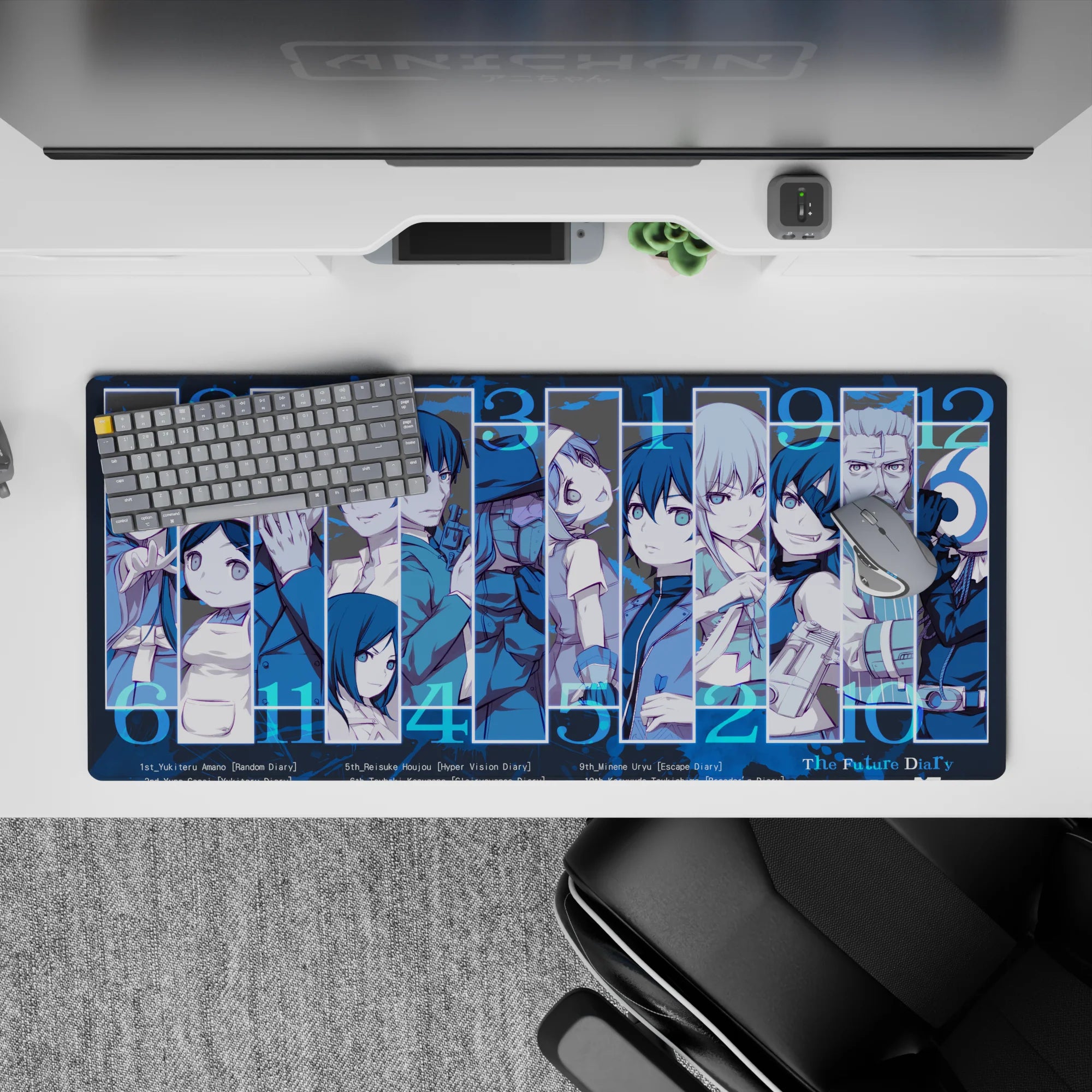 36x16 inches blue-toned anime desk pad with icy contrast, tense mood, and crisp character panels.