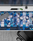 Cool blue, icy tense anime desk pad 40x20 inches with crisp contrast and sharp panel styling.