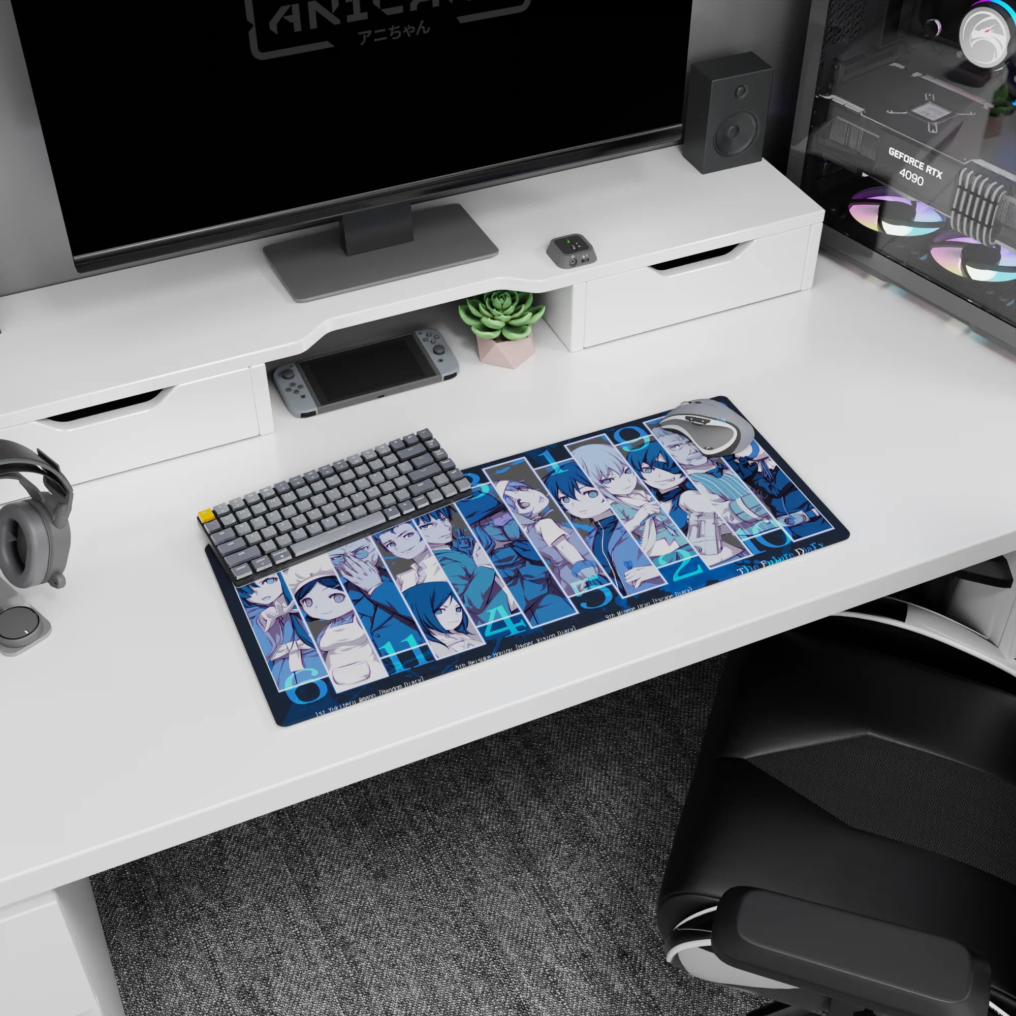 Yuno and Yukiteru Future Diary anime mouse pad 28x12 inches with their faces over a countdown-style lineup.