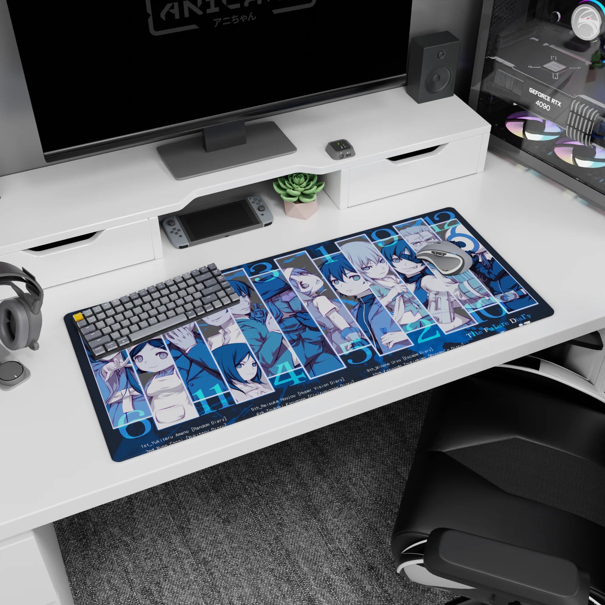 36x16 inches Mirai Nikki desk pad featuring Yuno’s soft smile and Yukiteru’s anxious eyes in a lineup.