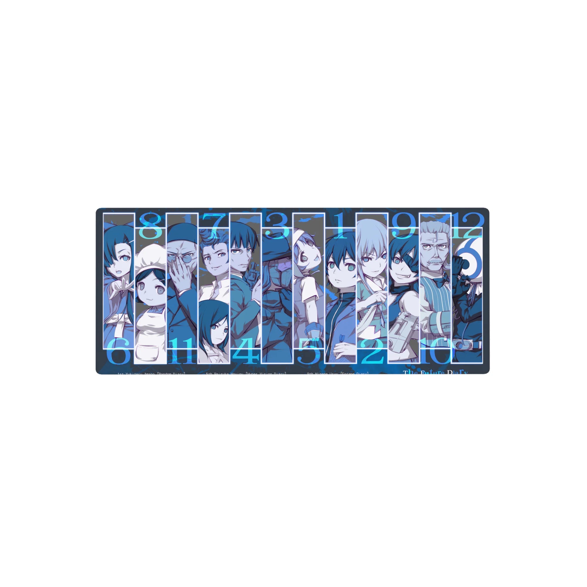 Future Diary lineup anime mouse pad 28x12 inches with stacked diary holders, sharp panels, and bold numbers.