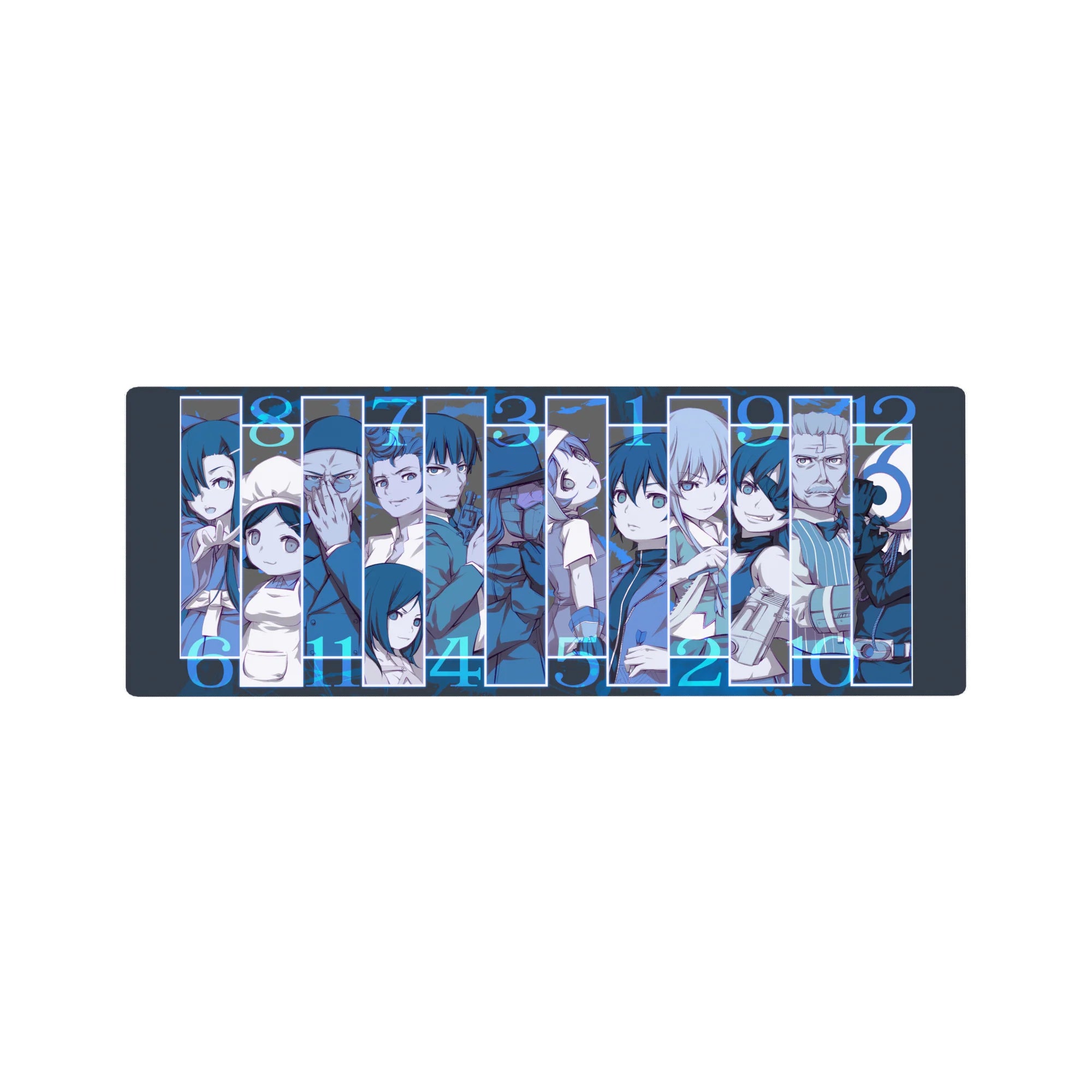 Future Diary lineup anime mouse pad 32x12 inches with stacked diary holders, sharp panels, and bold numbers.