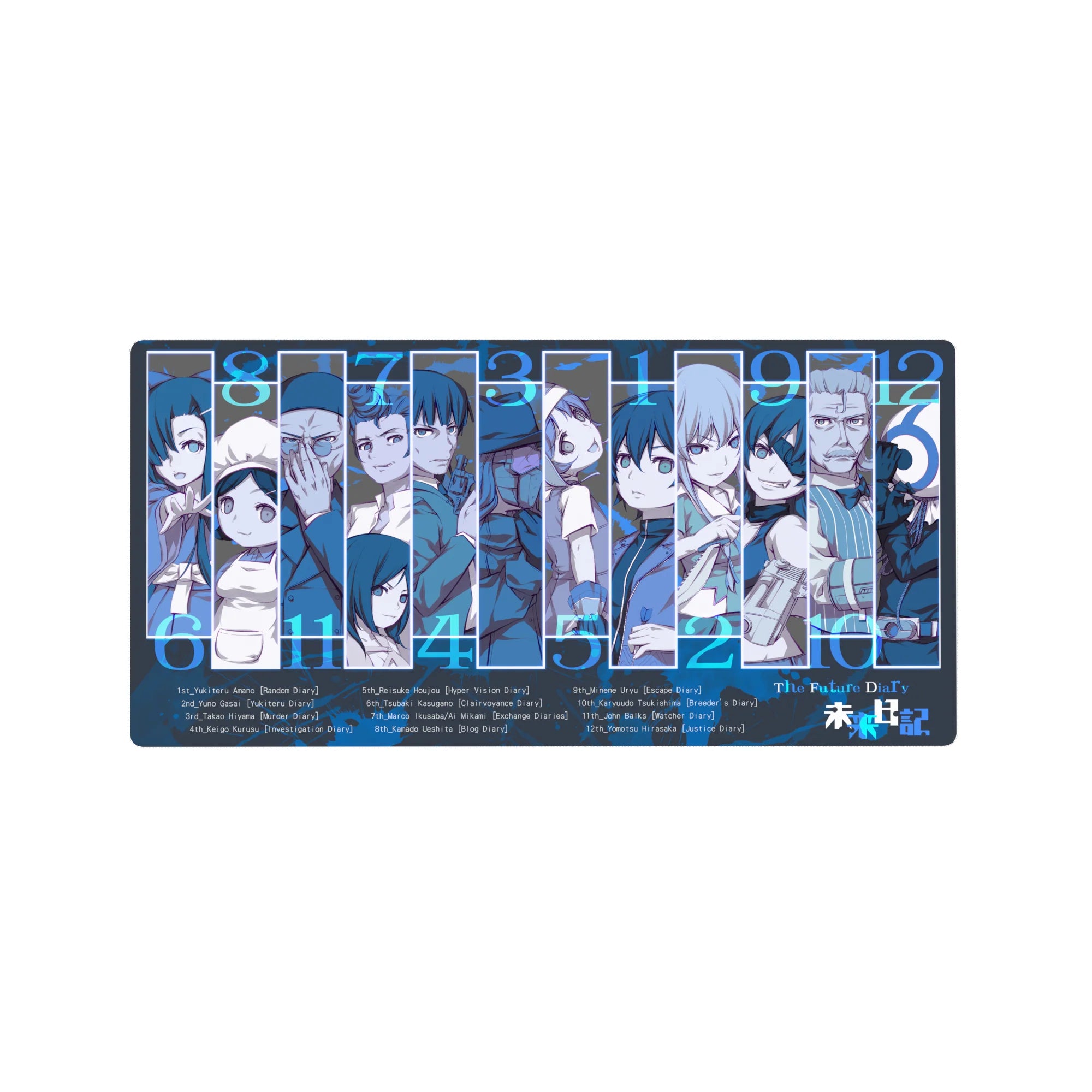 Future Diary character lineup anime mouse pad 32x16 inches with stacked diary holders and bold numbers.