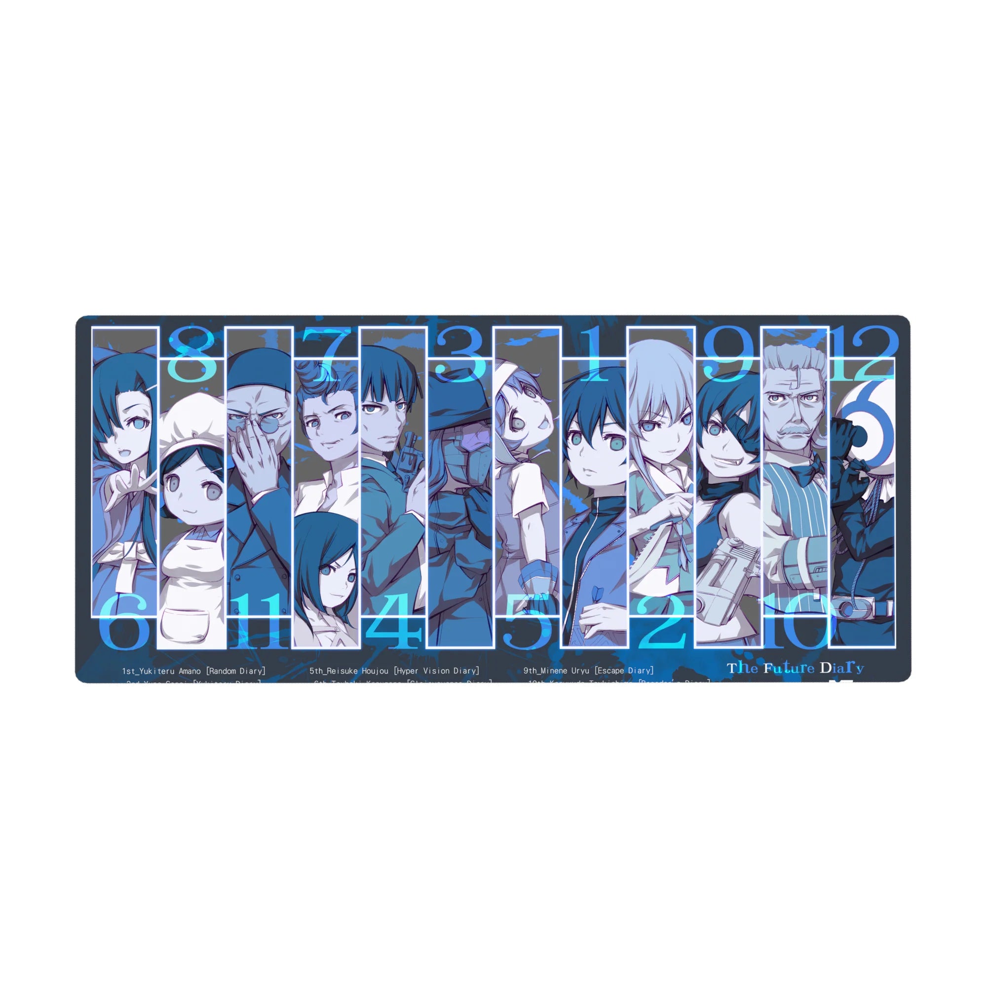 36x16 inches anime desk pad with Future Diary lineup, stacked diary holders and bold countdown numbers.