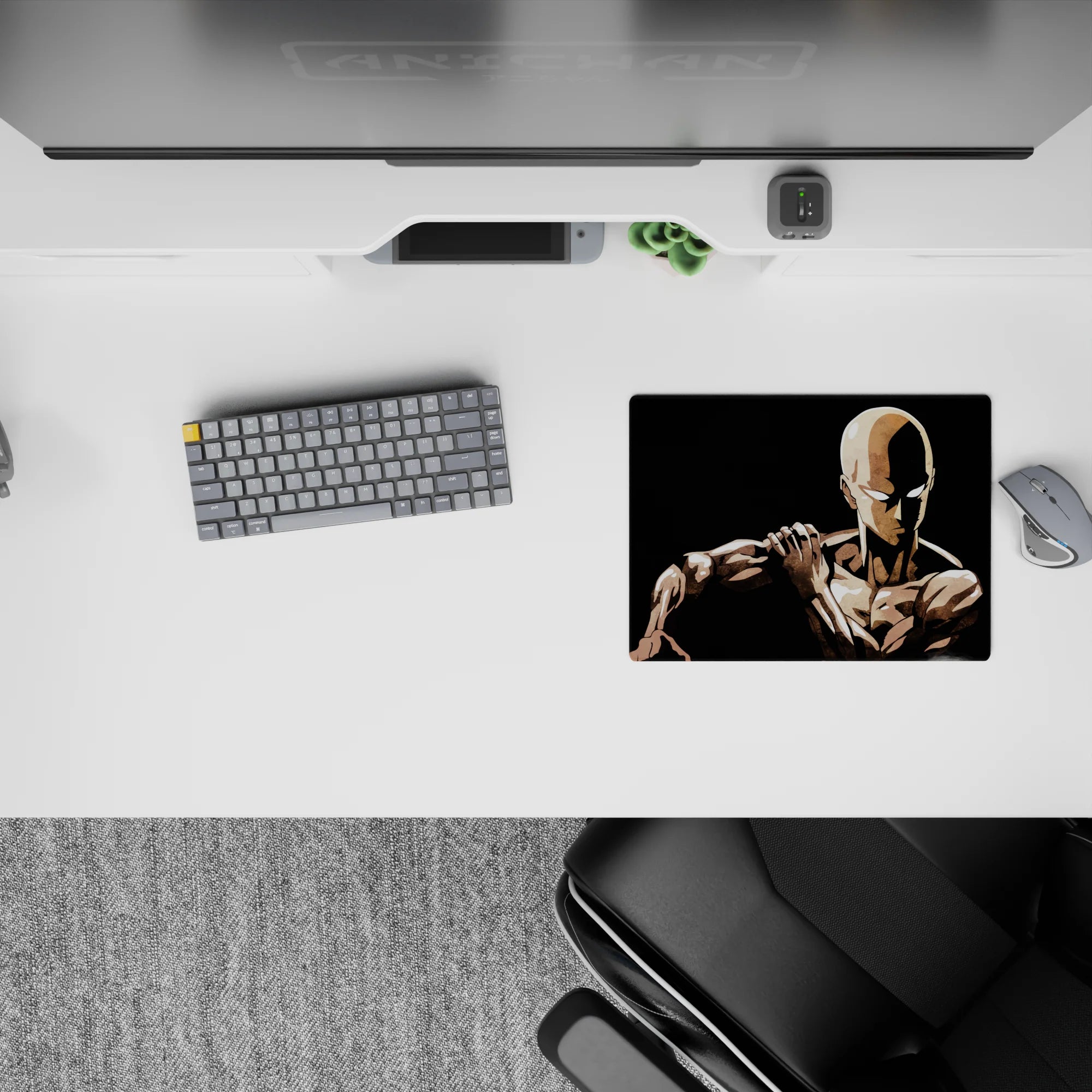 Black-and-beige anime mouse pad 14x10 inches, calm intense mood with sharp shadows and sleek minimal style.