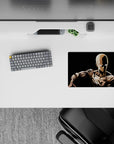 Black-and-beige anime mouse pad 14x10 inches, calm intense mood with sharp shadows and sleek minimal style.