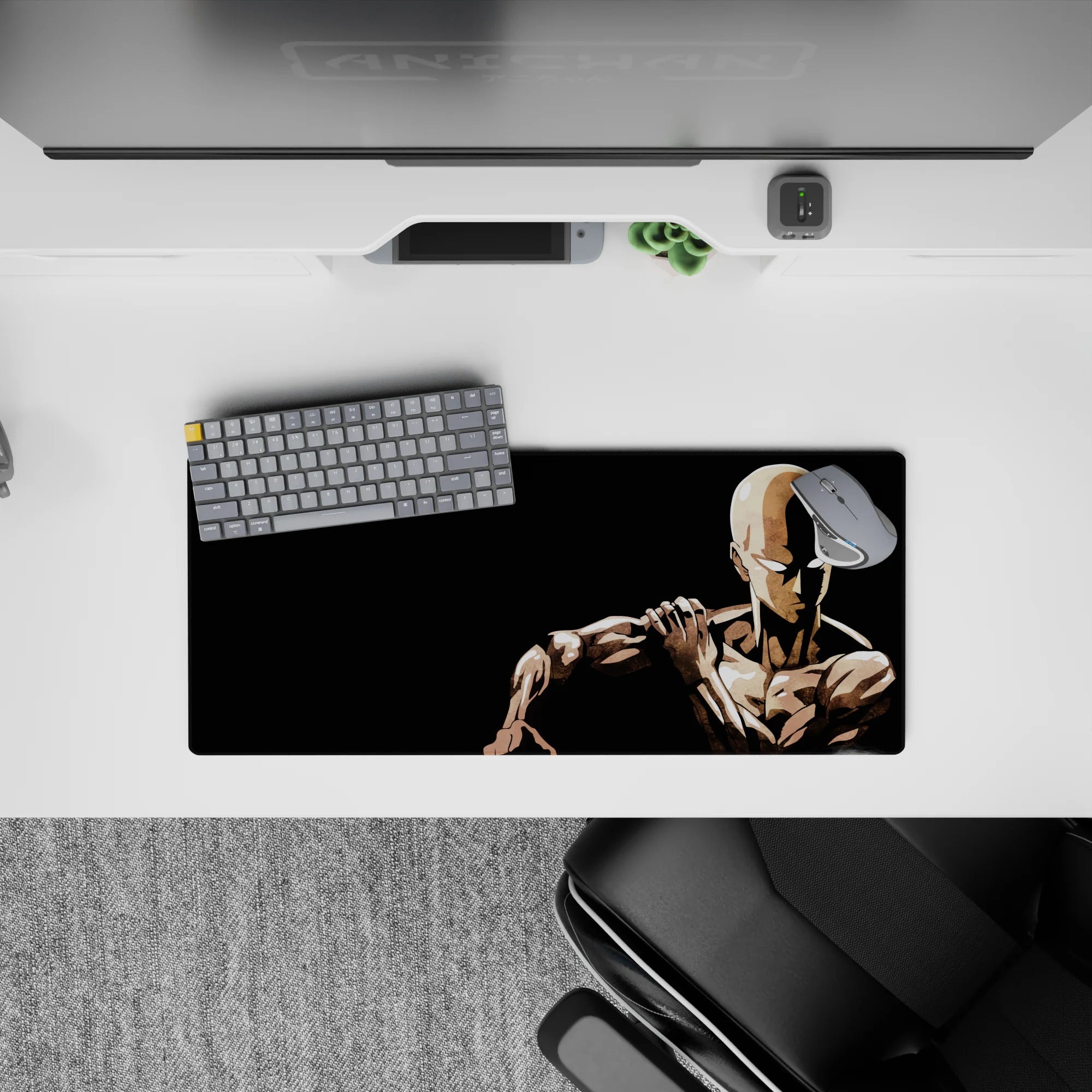 Black space and beige highlights anime mouse pad 28x12 inches, calm intense mood for gaming desk.