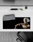 Black space and beige highlights anime mouse pad 28x12 inches, calm intense mood for gaming desk.