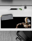 32x12 inches anime mouse pad in stark black and beige contrast, calm intense mood, smooth minimal style.