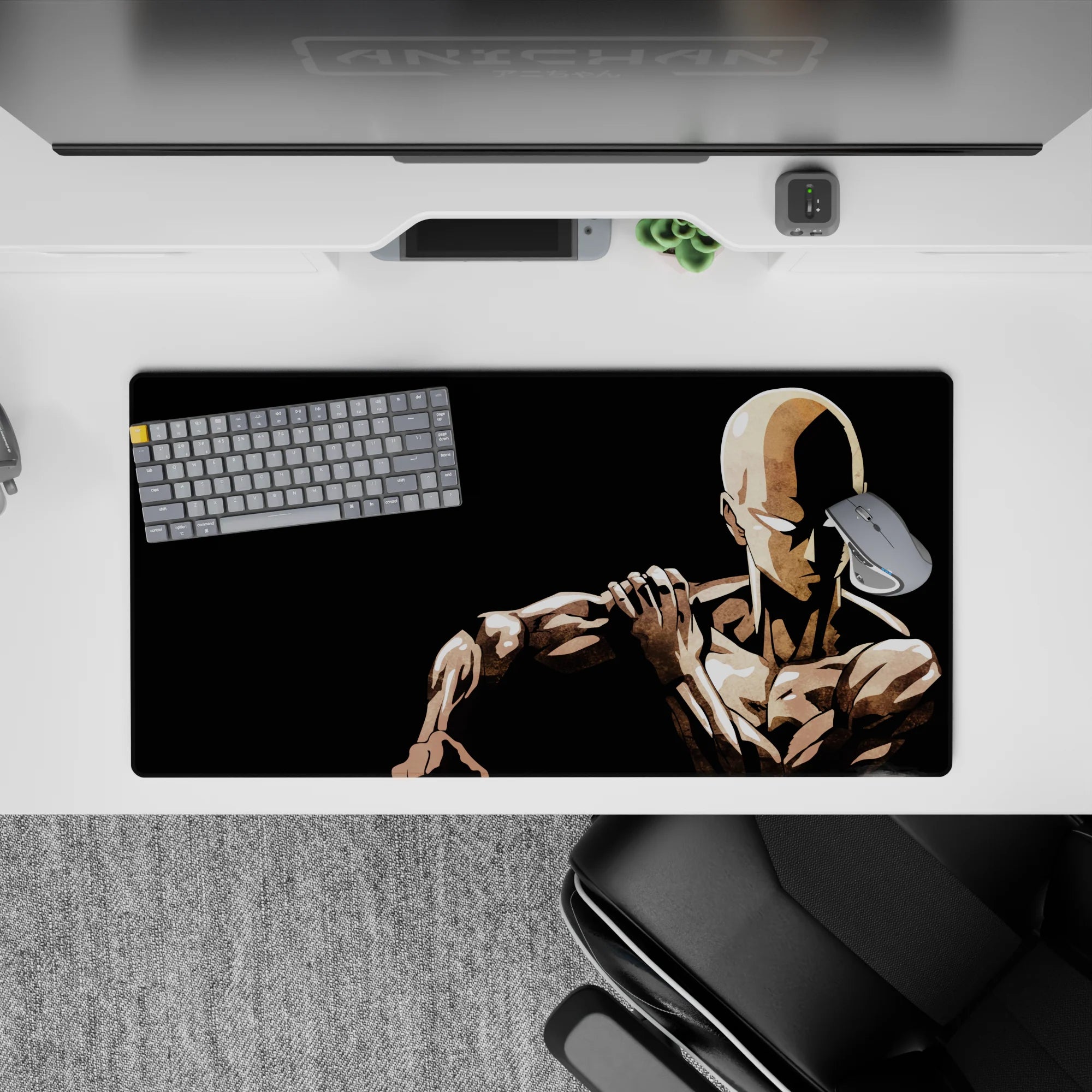 32x16 inches anime mouse pad in stark black and beige, calm intense mood with sharp shadows.